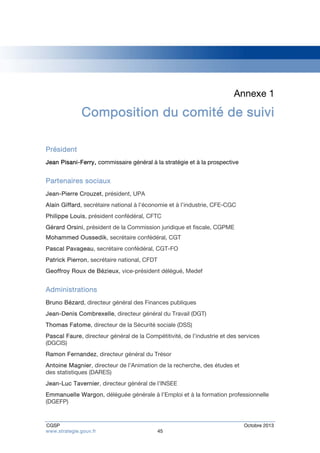 Annexe 1 
Composition du comité de suivi 
Président 
Jean Pisani-Ferry, commissaire général à la stratégie et à la prospective 
Partenaires sociaux 
Jean-Pierre Crouzet, président, UPA 
Alain Giffard, secrétaire national à l’économie et à l’industrie, CFE-CGC 
Philippe Louis, président confédéral, CFTC 
Gérard Orsini, président de la Commission juridique et fiscale, CGPME 
Mohammed Oussedik, secrétaire confédéral, CGT 
Pascal Pavageau, secrétaire confédéral, CGT-FO 
Patrick Pierron, secrétaire national, CFDT 
Geoffroy Roux de Bézieux, vice-président délégué, Medef 
Administrations 
Bruno Bézard, directeur général des Finances publiques 
Jean-Denis Combrexelle, directeur général du Travail (DGT) 
Thomas Fatome, directeur de la Sécurité sociale (DSS) 
Pascal Faure, directeur général de la Compétitivité, de l’industrie et des services 
(DGCIS) 
Ramon Fernandez, directeur général du Trésor 
Antoine Magnier, directeur de l’Animation de la recherche, des études et 
des statistiques (DARES) 
Jean-Luc Tavernier, directeur général de l’INSEE 
Emmanuelle Wargon, déléguée générale à l’Emploi et à la formation professionnelle 
(DGEFP) 
CGSP Octobre 2013 
www.strategie.gouv.fr 45 
 