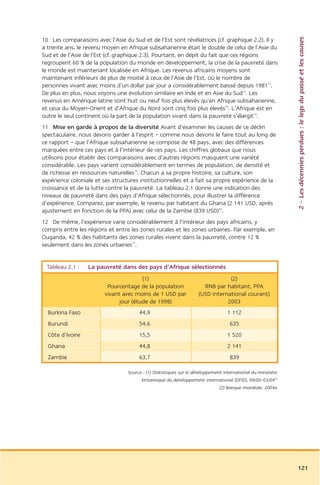 2 – Les décennies perdues : le legs du passé et les causes
10 Les comparaisons avec l’Asie du Sud et de l’Est sont révélatrices (cf. graphique 2.2). Il y
a trente ans, le revenu moyen en Afrique subsaharienne était le double de celui de l’Asie du
Sud et de l’Asie de l’Est (cf. graphique 2.3). Pourtant, en dépit du fait que ces régions
regroupent 60 % de la population du monde en développement, la crise de la pauvreté dans
le monde est maintenant localisée en Afrique. Les revenus africains moyens sont
maintenant inférieurs de plus de moitié à ceux de l’Asie de l’Est, où le nombre de
personnes vivant avec moins d’un dollar par jour a considérablement baissé depuis 198111.
De plus en plus, nous voyons une évolution similaire en Inde et en Asie du Sud12. Les
revenus en Amérique latine sont huit ou neuf fois plus élevés qu’en Afrique subsaharienne,
et ceux du Moyen-Orient et d’Afrique du Nord sont cinq fois plus élevés13. L’Afrique est en
outre le seul continent où la part de la population vivant dans la pauvreté s’élargit14.
11 Mise en garde à propos de la diversité Avant d’examiner les causes de ce déclin
spectaculaire, nous devons garder à l’esprit – comme nous devons le faire tout au long de
ce rapport – que l’Afrique subsaharienne se compose de 48 pays, avec des différences
marquées entre ces pays et à l’intérieur de ces pays. Les chiffres globaux que nous
utilisons pour établir des comparaisons avec d’autres régions masquent une variété
considérable. Les pays varient considérablement en termes de population, de densité et
de richesse en ressources naturelles15. Chacun a sa propre histoire, sa culture, son
expérience coloniale et ses structures institutionnelles et a fait sa propre expérience de la
croissance et de la lutte contre la pauvreté. La tableau 2.1 donne une indication des
niveaux de pauvreté dans des pays d’Afrique sélectionnés, pour illustrer la différence
d’expérience. Comparez, par exemple, le revenu par habitant du Ghana (2 141 USD, après
ajustement en fonction de la PPA) avec celui de la Zambie (839 USD)16.
12 De même, l’expérience varie considérablement à l’intérieur des pays africains, y
compris entre les régions et entre les zones rurales et les zones urbaines. Par exemple, en
Ouganda, 42 % des habitants des zones rurales vivent dans la pauvreté, contre 12 %
seulement dans les zones urbaines17.


 Tableau 2.1 :    La pauvreté dans des pays d’Afrique sélectionnés
                                        (1)                                     (2)
                          Pourcentage de la population                RNB par habitant, PPA
                         vivant avec moins de 1 USD par             (USD international courant)
                               jour (étude de 1998)                            2003
  Burkina Faso                         44,9                                       1 112
  Burundi                              54,6                                        635
  Côte d’Ivoire                        15,5                                       1 520
  Ghana                                44,8                                       2 141
  Zambie                               63,7                                        839

                                  Source : (1) Statistiques sur le développement international du ministère
                                        britannique du développement international (DFID), 99/00-03/0418
                                                                               (2) Banque mondiale, 2004a




                                                                                                              121
 