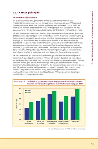 2 – Les décennies perdues : le legs du passé et les causes
2.3.1 Causes politiques
La mauvaise gouvernance
17 Dans les années 1960, pendant les années qui ont immédiatement suivi
l’indépendance, les revenus moyens ont augmenté en Afrique. Lorsque l’Afrique s’est
trouvée confrontée à une multitude de problèmes dans les années 1970 et 1980, les
revenus par habitant ont nettement baissé. Cette période était caractérisée par des
gouvernements non démocratiques, la corruption généralisée et l’inefficacité des États.
18 Plus précisément : l’Afrique a souffert de gouvernements qui ont pillé les ressources
de l’État, qui ne pouvaient pas ou ne voulaient pas fournir de services à leurs citoyens, qui
étaient souvent voraces et qui extrayaient pour leur compte personnel les ressources de
leur pays, qui maintenaient leur mainmise par la violence et les pots-de-vin et qui
dilapidaient ou volaient l’aide. Il est même arrivé, pendant la guerre froide notamment,
que ces gouvernements reçoivent un soutien actif de la part des donateurs. Mais, en
définitive, la gouvernance vient de l’intérieur. C’est donc de l’Afrique que le changement
devra venir. Plus l’Afrique fera pour faire naître le changement, plus le soutien externe
sera efficace. En effet, le soutien externe peut également favoriser le changement.
19 La Commission est convaincue que la bonne gouvernance est la solution pour la
croissance et la participation. Bien que l’Afrique ait toujours du retard par rapport aux
autres régions, la gouvernance s’est nettement améliorée ces dernières années.24 Ces cinq
dernières années, plus des deux tiers des pays d’Afrique subsaharienne ont eu des
élections multipartites et plusieurs ont connu des changements de gouvernement qui se
sont déroulés de manière pacifique et démocratique25. Toutes les élections n’ont pas
supposé une passation des pouvoirs et il y a encore des présidents apparemment
indélogeables mais, en termes de libertés politiques, l’Afrique a accompli des progrès
considérables ces 20 dernières années.


 Graphique 2.4 Qualité de la gouvernance dans les pays en voie de développement,
               mesurée par l’évaluation politique et institutionnelle des pays (EPIP)

                       3,7
                                1999
                                2003
                       3,5


                       3,3
    Échelle de 1 à 6




                       3,1


                       2,9


                       2,7


                       2,5
                                Afrique      Asie de l’Est   Amérique latine Moyen-Orient et      Asie du Sud
                             subsaharienne   et Pacifique     et Caraïbes    Afrique du Nord


                                                               Source : Base de données de l’EPIP de la Banque mondiale




                                                                                                                          123
 