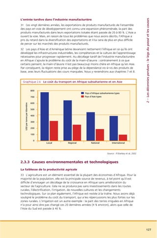 2 – Les décennies perdues : le legs du passé et les causes
L’entrée tardive dans l’industrie manufacturière
31 Ces vingt dernières années, les exportations de produits manufacturés de l’ensemble
des pays en voie de développement ont connu une expansion phénoménale, la part des
produits manufacturés dans leurs exportations totales étant passée de 20 à 80 %. L’Asie a
ouvert la voie. Mais, en raison de tous les problèmes que nous avons décrits, l’Afrique a
pris du retard dans la diversification des exportations et il lui sera de plus en plus difficile
de percer sur les marchés des produits manufacturés.
32 Les pays d’Asie et d’Amérique latine devancent nettement l’Afrique en ce qu’ils ont
développé les infrastructures industrielles, les compétences et la culture de l’apprentissage
nécessaires pour progresser rapidement. Au décollage tardif de l’industrie manufacturière
en Afrique s’ajoute le problème du coût de la main-d’œuvre : contrairement à ce que
certains pensent, la main-d’œuvre n’est pas beaucoup moins chère en Afrique qu’en Asie.
Par conséquent, la région reste prise au piège de la dépendance vis-à-vis des produits de
base, avec leurs fluctuations des cours marquées. Nous y reviendrons aux chapitres 7 et 8.


 Graphique 2.6 Le coût du transport en Afrique subsaharienne et en Asie

                                  800
                                                           Pays d’Afrique subsaharienne types
                                  700                      Pays d’Asie types

                                  600
    USD par tonne par kilomètre




                                  500

                                  400

                                  300

                                  200

                                  100

                                   0
                                        Local   Régional         National            International



                                                                                Source : P.Starkey et al, 2002


2.3.3 Causes environnementales et technologiques
La faiblesse de la productivité agricole
33 L’agriculture est un élément essentiel de la plupart des économies d’Afrique. Pour la
majorité de la population, elle est la principale source de revenus, à tel point qu’il est
difficile d’envisager un décollage de la croissance en Afrique sans amélioration du
secteur de l’agriculture. Cela ne se produira pas sans investissements dans les routes
rurales, l’électrification, l’irrigation, de nouvelles cultures et les changements
technologiques. Sur ce plan également, l’Afrique est restée à la traîne. Nous avons déjà
souligné le problème du coût du transport, qui a les répercussions les plus fortes sur les
zones rurales. L’irrigation est un autre exemple : la part des terres irriguées en Afrique
n’a pour ainsi dire pas changé ces 20 dernières années (4 % environ), alors que celle de
l’Asie du Sud est passée à 40 %.




                                                                                                                 127
 