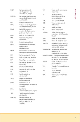 Abréviations
PACT      Partenariat pour le           TCA         Traité sur le commerce
          développement des                         des armes
          capacités en Afrique          TIC         Technologies de
PARIS21   Partenariat statistique au                l’information et de la
          service du développement                  communication
          au 21e siècle                 TSA         Tout sauf les armes
PIB       Produit intérieur brut        TSD         Traitement spécial et
PIDG      Groupe de développement                   différentiel
          des infrastructures privées   UA          Union africaine
PPIAF     Facilité de conseil en        UE          Union européenne
          matière d’infrastructures
          publiques et privées          UEMAO       Union économique et
                                                    monétaire de l’Afrique de
PMA       Pays les moins avancés                    l’Ouest
PME       Petites et moyennes           UFM         Union du fleuve Mano
          entreprises
                                        UMA         Union du Maghreb arabe
PNB       Produit national brut
                                        UNESCO      Organisation des Nations
PNUD      Programme des Nations                     unies pour l’éducation, la
          unies pour le                             science et la culture
          développement
                                        UN-HABITAT Programme des Nations
PNUE      Programme des Nations                    unies pour les
          unies pour l’environnement               établissements humains
PPA       Parité du pouvoir d’achat     UNHLP GHNNU Groupe de haut niveau
PPTE      Pays pauvres très endettés              de l’ONU sur les menaces,
RCA       République centrafricaine               les défis et le changement
RDC       République démocratique       UNICEF      Fonds des Nations unies
          du Congo                                  pour l’enfance
RNB       Revenu national brut          VIH         Virus de l’immunodéficience
                                                    humaine
RSM       Rapport de suivi mondial
                                        YBI         Youth Business
RU        Royaume-Uni                               International
SAC       Système d’alerte              YEN         Réseau pour l’emploi des
          continental                               jeunes
SACU      Union douanière de
          l’Afrique australe
SADC      Communauté de
          développement de l’Afrique
          australe
SIDA      Syndrome
          d’immunodéficience acquise
SPG       Système de préférences
          généralisées
SSAGNU    Session spéciale de
          l’Assemblée générale des
          Nations unies sur le
          VIH/SIDA




                                                                                  11
 