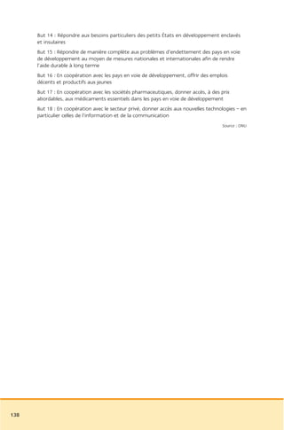 But 14 : Répondre aux besoins particuliers des petits États en développement enclavés
      et insulaires
      But 15 : Répondre de manière complète aux problèmes d’endettement des pays en voie
      de développement au moyen de mesures nationales et internationales afin de rendre
      l’aide durable à long terme
      But 16 : En coopération avec les pays en voie de développement, offrir des emplois
      décents et productifs aux jeunes
      But 17 : En coopération avec les sociétés pharmaceutiques, donner accès, à des prix
      abordables, aux médicaments essentiels dans les pays en voie de développement
      But 18 : En coopération avec le secteur privé, donner accès aux nouvelles technologies – en
      particulier celles de l’information et de la communication
                                                                                      Source : ONU




138
 