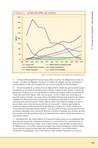 5 – La paix et la sécurité : une nécessité
  Graphique 5.1              Le bilan des conflits, par continent

              400


              350


              300


              250
   Milliers




              200


              150


              100


              50


               0
                    1945   1949   1953    1957   1961     1965   1969     1973    1977    1981   1985   1989   1993
                            Asie du Sud                          Moyen-Orient et Afrique du Nord
                            Amérique latine et Caraïbes          Afrique subsaharienne
                            Pays en transition                   Asie de l’Est et Pacifique


                                                   Source : ministère britannique du développement international, 2001


9 L’Afrique affiche également le taux le plus élevé, et de loin, de déplacements forcés au
monde : 13 millions de déplacés internes et 3,5 millions de réfugiés, soit plus du double du
nombre absolu en Asie, dont la population est pourtant plus de cinq fois plus élevée5.
10 Une bonne partie de ces décès et de ces déplacements résulte des guerres civiles longues
et violentes qui touchent de nombreux pays d’Afrique. D’après les estimations, 4 millions de
personnes ont perdu la vie à la suite directe ou indirecte de la guerre civile et du maintien de
l’insécurité dans la RDC depuis 19986. Aucune guerre n’a fait un bilan aussi lourd depuis la
Seconde Guerre mondiale7. Les coups d’état, l’instabilité politique et les éruptions de violence
localisées ont affecté beaucoup d’autres pays. Au Nigeria, par exemple, au moins 10 000
personnes ont perdu la vie entre 1999 et 2003 en raison de la violence localisée continue et
des combats courts mais brutaux au sein des communautés8. L’absence généralisée de
systèmes juridiques et de maintien de l’ordre efficaces contribue aux crimes violents et à
l’insécurité dans beaucoup d’autres endroits. Ceux qui souffrent le plus sont les pauvres et les
personnes vulnérables, dont nombre de femmes et d’enfants, lesquels sont recrutés, de force
bien souvent, dans des groupes armés où ils deviennent des enfants soldats, des porteurs ou
des esclaves sexuels9.
11 Deuxièmement, les conflits violents et l’insécurité nuisent gravement au développement.
Ils accentuent la pauvreté, réduisent la croissance10, le commerce et les investissements, et
détruisent les infrastructures vitales11 et le « capital humain » par les décès, les blessures et
les déplacements. Les conflits violents encouragent des niveaux de dépenses militaires élevés,
ce qui réduit les ressources disponibles pour le développement12. Les conflits violents
contribuent à la propagation de la malnutrition et des maladies infectieuses, y compris le




                                                                                                                         185
 