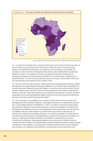 Graphique 6.3 Taux de mortalité des enfants de moins de cinq ans (2003)




           Probabilité de décès
           entre la naissance
           et l’âge de 5 ans,
           pour 1 000
           naissances viables
                0-100
                101-200
                Plus de 201
                Pas de données
                disponibles



                                  Source: UNICEF, 2005. The state of the world’s children: Childhood Under Threat


      31 Le poids de la maladie et la croissance économique sont intimement liés. Des gens en
      bonne santé sont plus productifs et ont plus de chance de mieux s’occuper de leurs
      enfants, de bénéficier de l’éducation et d’apporter une contribution à la société. Par
      exemple, il a été montré la vermifugation des enfants réduit l’absentéisme scolaire des
      élèves d’un quart63. Les niveaux de revenus des pays sérieusement touchés par le
      paludisme équivalent au tiers des pays équivalents non concernés par le paludisme et
      augmentent de 1,3 % de moins par personne par an. Au Kenya, cela se serait traduit par
      une augmentation des revenus de 50 % depuis 197064.
      32 Pourquoi ne fait-on donc pas plus ? Parce que les sous-investissements énormes, alliés à
      des réponses non systématiques à certaines maladies et à un financement imprévisible, ont
      amené les services médicaux au bord de la faillite. Les pauvres sont les plus touchés. Soit les
      centres médicaux sont trop loin, soit ils n’ont pas de personnel. Bien souvent, le personnel
      médical n’a pas de moyen de transport pour se rendre chez les patients65. Souvent, les fonds
      disponibles ne sont pas équitablement répartis entre les services qui touchent les personnes
      pauvres et ceux qui touchent les personnes aisées66.
      33 Pour s’attaquer à ce problème, il est urgent d’investir dans la remise en état et le
      développement des systèmes médicaux. Les dirigeants africains ont indiqué leurs priorités
      dans une stratégie relevant du NEPAD/UA67. Grâce à un effort concerté de renforcement
      des systèmes médicaux et aux bonnes ressources, nombre de maladies68 pourraient être
      effectivement éradiquées en dix ans et la progression de la tuberculose et du VIH pourrait
      se stabiliser. Mais tout cela nécessite un renforcement des services médicaux par un
      financement adéquat des stratégies africaines, à un rythme prévisible, en vue de gérer la
      crise des ressources humaines, de développer les systèmes d’information et de gestion et
      d’avoir un approvisionnement prévisible et abordable en médicaments et d’autres
      infrastructures physiques. Cela suppose également une plus grande cohérence dans la
      manière dont les donateurs et les partenariats médicaux globaux (coalitions internationales
      s’attaquant à une maladie ou un groupe de maladies) soutiennent les services médicaux
      dans les pays, une intégration des initiatives, un partenariat avec les gouvernements



220
 