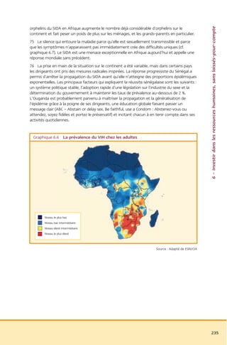 6 – Investir dans les ressources humaines, sans laissés-pour-compte
orphelins du SIDA en Afrique augmente le nombre déjà considérable d’orphelins sur le
continent et fait peser un poids de plus sur les ménages, et les grands-parents en particulier.
75 Le silence qui entoure la maladie parce qu’elle est sexuellement transmissible et parce
que les symptômes n’apparaissent pas immédiatement crée des difficultés uniques (cf.
graphique 6.7). Le SIDA est une menace exceptionnelle en Afrique aujourd’hui et appelle une
réponse mondiale sans précédent.
76 La prise en main de la situation sur le continent a été variable, mais dans certains pays
les dirigeants ont pris des mesures radicales inspirées. La réponse progressiste du Sénégal a
permis d’arrêter la propagation du SIDA avant qu’elle n’atteigne des proportions épidémiques
exponentielles. Les principaux facteurs qui expliquent la réussite sénégalaise sont les suivants :
un système politique stable, l’adoption rapide d’une législation sur l’industrie du sexe et la
détermination du gouvernement à maintenir les taux de prévalence au-dessous de 2 %.
L’Ouganda est probablement parvenu à maîtriser la propagation et la généralisation de
l’épidémie grâce à la poigne de ses dirigeants, une éducation globale faisant passer un
message clair (ABC – Abstain or delay sex, Be faithful, use a Condom : Abstenez-vous ou
attendez, soyez fidèles et portez le préservatif) et incitant chacun à en tenir compte dans ses
activités quotidiennes.


  Graphique 6.6 La prévalence du VIH chez les adultes




        Niveau le plus bas
        Niveau bas intermédiaire
        Niveau élevé intermédiaire
        Niveau le plus élevé



                                                                          Source : Adapté de ESRI/CIA




                                                                                                        235
 