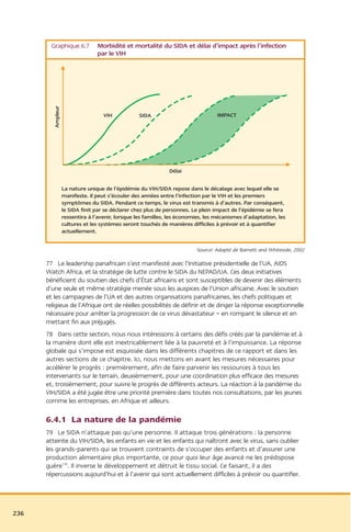 Graphique 6.7            Morbidité et mortalité du SIDA et délai d’impact après l’infection
         Ampleur
                                 par le VIH




                                    VIH           SIDA                            IMPACT




                                                               Délai


                   La nature unique de l’épidémie du VIH/SIDA repose dans le décalage avec lequel elle se
                   manifeste. Il peut s’écouler des années entre l’infection par le VIH et les premiers
                   symptômes du SIDA. Pendant ce temps, le virus est transmis à d’autres. Par conséquent,
                   le SIDA finit par se déclarer chez plus de personnes. Le plein impact de l’épidémie se fera
                   ressentira à l’avenir, lorsque les familles, les économies, les mécanismes d’adaptation, les
                   cultures et les systèmes seront touchés de manières difficiles à prévoir et à quantifier
                   actuellement.


                                                                          Source: Adapté de Barnett and Whiteside, 2002

      77 Le leadership panafricain s’est manifesté avec l’Initiative présidentielle de l’UA, AIDS
      Watch Africa, et la stratégie de lutte contre le SIDA du NEPAD/UA. Ces deux initiatives
      bénéficient du soutien des chefs d’État africains et sont susceptibles de devenir des éléments
      d’une seule et même stratégie menée sous les auspices de l’Union africaine. Avec le soutien
      et les campagnes de l’UA et des autres organisations panafricaines, les chefs politiques et
      religieux de l’Afrique ont de réelles possibilités de définir et de diriger la réponse exceptionnelle
      nécessaire pour arrêter la progression de ce virus dévastateur – en rompant le silence et en
      mettant fin aux préjugés.
      78 Dans cette section, nous nous intéressons à certains des défis créés par la pandémie et à
      la manière dont elle est inextricablement liée à la pauvreté et à l’impuissance. La réponse
      globale qui s’impose est esquissée dans les différents chapitres de ce rapport et dans les
      autres sections de ce chapitre. Ici, nous mettons en avant les mesures nécessaires pour
      accélérer le progrès : premièrement, afin de faire parvenir les ressources à tous les
      intervenants sur le terrain, deuxièmement, pour une coordination plus efficace des mesures
      et, troisièmement, pour suivre le progrès de différents acteurs. La réaction à la pandémie du
      VIH/SIDA a été jugée être une priorité première dans toutes nos consultations, par les jeunes
      comme les entreprises, en Afrique et ailleurs.

      6.4.1 La nature de la pandémie
      79 Le SIDA n’attaque pas qu’une personne. Il attaque trois générations : la personne
      atteinte du VIH/SIDA, les enfants en vie et les enfants qui naîtront avec le virus, sans oublier
      les grands-parents qui se trouvent contraints de s’occuper des enfants et d’assurer une
      production alimentaire plus importante, ce pour quoi leur âge avancé ne les prédispose
      guère134. Il inverse le développement et détruit le tissu social. Ce faisant, il a des
      répercussions aujourd’hui et à l’avenir qui sont actuellement difficiles à prévoir ou quantifier.




236
 