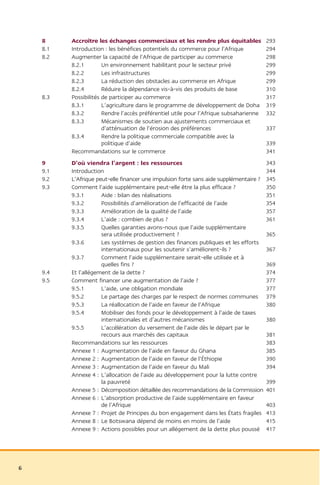 8     Accroître les échanges commerciaux et les rendre plus équitables              293
    8.1   Introduction : les bénéfices potentiels du commerce pour l’Afrique            294
    8.2   Augmenter la capacité de l’Afrique de participer au commerce                  298
          8.2.1        Un environnement habilitant pour le secteur privé                299
          8.2.2        Les infrastructures                                              299
          8.2.3        La réduction des obstacles au commerce en Afrique                299
          8.2.4        Réduire la dépendance vis-à-vis des produits de base             310
    8.3   Possibilités de participer au commerce                                        317
          8.3.1        L’agriculture dans le programme de développement de Doha         319
          8.3.2        Rendre l’accès préférentiel utile pour l’Afrique subsaharienne   332
          8.3.3        Mécanismes de soutien aux ajustements commerciaux et
                       d’atténuation de l’érosion des préférences                       337
          8.3.4        Rendre la politique commerciale compatible avec la
                       politique d’aide                                                 339
          Recommandations sur le commerce                                               341
    9     D’où viendra l’argent : les ressources                                        343
    9.1   Introduction                                                                  344
    9.2   L’Afrique peut-elle financer une impulsion forte sans aide supplémentaire ?   345
    9.3   Comment l’aide supplémentaire peut-elle être la plus efficace ?               350
          9.3.1       Aide : bilan des réalisations                                     351
          9.3.2       Possibilités d’amélioration de l’efficacité de l’aide             354
          9.3.3       Amélioration de la qualité de l’aide                              357
          9.3.4       L’aide : combien de plus ?                                        361
          9.3.5       Quelles garanties avons-nous que l’aide supplémentaire
                      sera utilisée productivement ?                                    365
          9.3.6       Les systèmes de gestion des finances publiques et les efforts
                      internationaux pour les soutenir s’améliorent-ils ?               367
          9.3.7       Comment l’aide supplémentaire serait-elle utilisée et à
                      quelles fins ?                                                    369
    9.4   Et l’allégement de la dette ?                                                 374
    9.5   Comment financer une augmentation de l’aide ?                                 377
          9.5.1       L’aide, une obligation mondiale                                   377
          9.5.2       Le partage des charges par le respect de normes communes          379
          9.5.3       La réallocation de l’aide en faveur de l’Afrique                  380
          9.5.4       Mobiliser des fonds pour le développement à l’aide de taxes
                      internationales et d’autres mécanismes                            380
          9.5.5       L’accélération du versement de l’aide dès le départ par le
                      recours aux marchés des capitaux                                  381
          Recommandations sur les ressources                                            383
          Annexe 1 : Augmentation de l’aide en faveur du Ghana                          385
          Annexe 2 : Augmentation de l’aide en faveur de l’Éthiopie                     390
          Annexe 3 : Augmentation de l’aide en faveur du Mali                           394
          Annexe 4 : L’allocation de l’aide au développement pour la lutte contre
                      la pauvreté                                                       399
          Annexe 5 : Décomposition détaillée des recommandations de la Commission       401
          Annexe 6 : L’absorption productive de l’aide supplémentaire en faveur
                      de l’Afrique                                                      403
          Annexe 7 : Projet de Principes du bon engagement dans les États fragiles      413
          Annexe 8 : Le Botswana dépend de moins en moins de l’aide                     415
          Annexe 9 : Actions possibles pour un allégement de la dette plus poussé       417




6
 