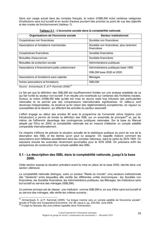 Dans son usage actuel dans les comptes français, la notion d'ISBLSM inclut certaines catégories
d'institutions sans but lucratif et en exclut d'autres pourtant très proches du point de vue des objectifs
et des modes de fonctionnement (tableau 1).

                  Tableau 5.1 : L'économie sociale dans la comptabilité nationale
         Organisations de l'économie sociale                                         Secteur institutionnel
Coopératives non financières                                            Sociétés non financières
Associations et fondations marchandes                                   Sociétés non financières, plus rarement
                                                                        financières
Coopératives financières                                                Sociétés financières
Mutuelles d'assurances                                                  Sociétés financières
Mutuelles de protection sociale                                         Administrations publiques
Associations à financement public prédominant                           Administrations publiques base 1995
                                                                        ISBLSM base 2000 et 2005
Associations et fondations sans salariés                                Ménages
Autres associations et fondations                                       ISBLSM
                                                   97
Source : Archambault, E. et P. Kaminski (2009)

Le fait est que la définition des ISBLSM est insuffisamment fondée sur une analyse préalable de ce
qui fait l'unité du secteur non lucratif. Il en résulte une incertitude sur certaines des frontières tracées.
Surtout, la notion d'ISBLSM telle qu'elle est mise en œuvre reste trop tributaire des particularités
nationales et ne permet pas des comparaisons internationales significatives. Or celles-ci sont
devenues indispensables, ne serait-ce qu'en raison des règlementations européennes, en vigueur ou
susceptibles de le devenir, qui affectent les activités du secteur associatif.

L'effort engagé au début des années 90 avec le programme de l'université Johns Hopkins (voir
Introduction) a permis de fonder la définition des ISBL sur un ensemble de principes98 et, par là-
même, de l'affranchir davantage des contingences juridiques nationales. Sur la base du Manuel
adopté par l'Onu en 2003, la comptabilité nationale est en mesure d’élaborer un compte satellite
comparable internationalement.

Ce chapitre s'efforce de préciser la situation actuelle de la statistique publique du point de vue de la
description des ISBL et les tâches qu'on peut lui assigner. On rappelle d'abord comment les
associations sont reflétées actuellement dans les comptes nationaux, dans le cadre du SCN 1993. On
exposera ensuite les avancées récemment accomplies pour le SCN 2008. On précisera enfin les
perspectives de construction d'un compte satellite des ISBL.


5.1 - La description des ISBL dans la comptabilité nationale, jusqu'à la base
      2000.
Cette section expose la situation prévalant avant la mise en place de la base 2005, décrite dans une
section ultérieure.

La comptabilité nationale distingue, outre un secteur "Reste du monde", cinq secteurs institutionnels
dits "résidents" entre lesquelles elle ventile les différentes unités économiques : les Sociétés non
financières, les Sociétés financières, les Administrations publiques, les Ménages, les Institutions sans
but lucratif au service des ménages (ISBLSM).

Un premier principe est de classer une institution comme ISBLSM si, en sus d'être sans but lucratif et
au service des ménages, elle vérifie les critères suivants :

97
    Archambault, E. et P. Kaminski (2009), "La longue marche vers un compte satellite de l'économie sociale",
Annals of Public and Cooperative Economics, Vol. 80, Issue 2, pp. 225-246, June 2009.
98
   Il s'agit du faisceau des cinq critères rappelés dans l'Introduction.

                                      Conseil national de l’information statistique                               50
                     Rapport du groupe de travail « connaissance des associations » – Décembre 2010
 