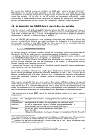 Un compte (ou équilibre ressources emplois) est établi pour chacune de ces branches101.
L'identification des sources les plus adaptées et les plus fiables, qui peuvent être des données
administratives ou d'enquête, représente une étape cruciale de ce travail, dont dépend largement la
qualité des résultats. De ce point de vue la situation est inégalement satisfaisante : assez
substantielles et fiables dans le domaine de la santé par exemple, les sources sont très lacunaires
pour les comptes des cultes, ou des syndicats (les choses ayant cependant évolué récemment102).


5.2 - La description des ISBLSM dans la nouvelle base des comptes
Selon les principes usuels de la comptabilité nationale, la base dite 2000 (qui a été mise en œuvre à
partir des comptes de l'année 2003) cède la place, à partir du compte de l'année 2008, à la base dite
2005. Cette nouvelle base inclut, en outre, un changement de nomenclature d'activités (l'ancienne
nomenclature, la NAF Rév.1, est remplacée par la NAF Rév.2).

Pour les ISBLSM, elle correspond à une rénovation substantielle des méthodes et surtout des
sources : on s'est efforcé d'obtenir une meilleure précision des évaluations avec des sources plus
pérennes, plus complètes et plus fiables. L'important travail accompli par les comptables nationaux
améliorera très nettement la qualité des comptes pour ce secteur.

        5.2.1. Le changement de nomenclature

La première étape de ce travail a consisté à intégrer les modifications de la nomenclature. Avec le
changement de NAF, les quatre branches mentionnées ci-dessus sont éclatées en sept postes :
- on distingue désormais dans l'action sociale non marchande l'hébergement médico-social et social
non marchand et l'action sociale sans hébergement non marchande,
- les activités récréatives, sportives et culturelles non marchandes sont partagées en une branche
pour les activités artistiques, une pour les bibliothèques et les musées, et une troisième pour les
activités sportives et de loisirs (non marchands),
- les branches "Education non marchande" et "Activités à caractère associatif" sont conservées sans
autre changement que celui de leur libellé.

La nouvelle nomenclature introduit donc un plus grand détail dans la description des branches de
l'action sociale ; par exemple, l'accueil des personnes handicapés, où la NAF Rév.1 ne voyait qu'une
branche, est répartie entre trois postes de la NAF Rév.2 (l'hébergement médicalisé, l'hébergement
social pour handicapés mentaux et malades mentaux, l'hébergement social pour handicapés
physiques).

Cette nouvelle complexité n'est pas sans soulever d'importantes difficultés pratiques et apparaît
difficile à respecter rigoureusement. C'est notamment le cas de la distinction faite dans l'action sociale
entre la partie avec et la partie sans hébergement, Dans la réalité, de nombreux établissements sont
mixtes, offrant à la fois un accueil de jour et un service d'hébergement, et leur comptabilité ne contient
pas tous les éléments nécessaires aux comptables nationaux pour réaliser précisément le partage.

Très concrètement, la base 2005 répartit les activités d'action sociale entre quatre secteurs
institutionnels :

Sociétés     non    Hébergement et accueil ou accompagnement des personnes âgées
financières
Administrations     Hébergement et accueil ou accompagnement des personnes âgées
Publiques           Accueil ou hébergement d'enfants (crèches, assistantes familiales,…)
                    Autres formes d’action sociale non marchande (CCAS, etc.)
Ménages             Accueil des jeunes enfants (assistantes maternelles,…)
                    Aide à domicile
                    Hébergement des adultes handicapés et des personnes âgées en famille d'accueil

101
    La notion de "branche" correspond à un groupe d'activités. Elle peut donc être associée à différents secteurs
institutionnels ; par exemple, la branche "Education non marchande" renvoie aux APU et aux ISBLSM.
102
    L'obligation pour les syndicats de publier leurs comptes ne date que de 2008 ; elle ne sera effective qu’en
2010, et pour une partie des syndicats seulement.
.

                                      Conseil national de l’information statistique                          53
                     Rapport du groupe de travail « connaissance des associations » – Décembre 2010
 