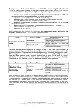 A ce sujet, on peut citer le rapport « Niveaux de vie et inégalités sociales » rédigé dans le cadre d’un
groupe de travail du Cnis et présidé par Jacques Freyssinet. Ce document, paru fin 2006, proposait
une liste de dix indicateurs d’inégalités privilégiés qui balayaient un large spectre social :

-       le niveau de vie (en termes de rapport entre le dernier et le premier décile de la distribution
    des revenus, ainsi que la persistance dans la tranche des bas revenus) ;
-       le patrimoine détenu (ratio identique à celui du niveau de vie) ;
-       le salaire annuel (rapport interdécile D9/D1 et médiane hommes/ médiane femmes) ;
-       le taux de chômage (rapport ouvriers non qualifiés / cadres) ;
-       la transition emploi chômage (probabilité d’être encore au chômage au bout d’un an - ouvriers
    non qualifiés / cadres) ;
-       le surpeuplement (en référence aux ménages vivant dans un logement « surpeuplé ») ;
-       le niveau de sortie du système éducatif ;
-       l’espérance de vie à 60 ans.

La difficulté est cependant d’isoler la contribution des activités associatives dans la réduction des
inégalités sociales, mesurée à l’aune de cette batterie d’indicateurs.


          Thème 3                         Critères globaux                           Critères élémentaires
                                                                            Création de liens sociaux
                                   Lien social                              Entraide, échanges locaux de savoirs
Lien social et démocratie                                                   Impact positif du capital social
locale                                                                      Dialogue participatif, processus de
                                   Démocratie locale                        décision pluraliste
                                                                            Prise de parole des citoyens

Ce thème regroupe des problématiques de cohésion sociale. Ce sont celles qui contribuent à la
création et au développement de liens sociaux. Dans ce domaine, les associations ont un rôle
incontestable par leur capacité à créer des liens entre les individus et réinsérer des personnes isolées.
Elles sont également un élément prépondérant dans l’accumulation de capital social (ensemble des
liens personnels, réseaux), aspect qui sera présenté plus en détail dans la suite du chapitre.
L’évaluation de cette dimension de l’utilité sociale est très délicate, mais les missions d’entraide,
d’insertion et de vivre ensemble, de faire société sont au cœur des projets associatifs.


          Thème 4                         Critères globaux                            Critères élémentaires
                                                                            Découverte de besoins émergents
Contributions à                    Innovation                               Réponse à des besoins non couverts
l’innovation sociale,                                                       Innovations institutionnelles
économique,                        Valeur du « monde » de la                Innovations organisationnelles
institutionnelle                   création                                 Distinction des innovations internes et
                                                                            externes

Cette dimension de l’utilité sociale met en avant la capacité des associations, notamment, à mettre en
œuvre des projets innovants répondant à des besoins insatisfaits ou inexplorés. Dans le domaine de
l’innovation sociale, l’implantation des structures associatives au cœur des territoires et au plus près
des citoyens, leur a permis d’être souvent pionnières dans l’émergence de nouveaux services,
d’autant plus que ces services étaient fournis sans but lucratif. Une mesure possible de cette plus-
value associative réside dans le repérage et la description des innovations et l’évaluation de leurs
impacts.




                                     Conseil national de l’information statistique                              60
                    Rapport du groupe de travail « connaissance des associations » – Décembre 2010
 