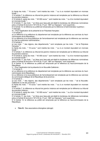 b) Après les mots : " 16 euros " sont insérés les mots : " ou à un montant équivalent en monnaie
locale " ;
3° A l'article 7, la référence au tribunal de grand e instance est remplacée par la référence au tribunal
de première instance ;
4° A l'article 8, après les mots : " 45 000 euros " sont insérés les mots : " ou d'un montant équivalent
en monnaie locale " ;
5° A l'article 11, les mots : " en titres pour lesq uels est établi le bordereau de références nominatives
prévu à l'article 55 de la loi n° 87-416 du 17 juin 1987 sur l'épargne " sont supprimés ;
6° A l'article 15, la référence au préfet est rempl acée par la référence à l'administrateur supérieur ;
7° (Abrogé)
IV. - Pour l'application de la présente loi en Polynésie française :
1° A l’article 5 :
a) La référence à la préfecture du département est remplacée par la référence aux services du haut-
commissaire de la République ;
b) La référence à la sous-préfecture de l'arrondissement est remplacée par la référence aux services
du chef de subdivision administrative ;
2° A l'article 6 :
a) Les mots : " des régions, des départements " sont remplacés par les mots : " de la Polynésie
française " ;
b) Après les mots : " 16 euros " sont insérés les mots : " ou à un montant équivalent en monnaie
locale " ;
3° A l'article 7, la référence au tribunal de grand e instance est remplacée par la référence au tribunal
de première instance ;
4° A l'article 8, après les mots : " 45 000 euros " sont insérés les mots : " ou d'un montant équivalent
en monnaie locale " ;
5° A l'article 11, les mots : " en titres pour lesq uels est établi le bordereau de références nominatives
prévu à l'article 55 de la loi n° 87-416 du 17 juin 1987 sur l'épargne " sont supprimés ;
6° A l'article 15, la référence au préfet est rempl acée par la référence au haut-commissaire de la
République.
V. - Pour l'application de la présente loi en Nouvelle-Calédonie :
1° A l'article 5 :
a) La référence à la préfecture du département est remplacée par la référence aux services du haut-
commissaire de la République ;
b) La référence à la sous-préfecture de l'arrondissement est remplacée par la référence aux services
du commissaire délégué de la République de la province ;
2° A l'article 6 :
a) Les mots : " des régions, des départements " sont remplacés par les mots : " de la Nouvelle-
Calédonie ou de ses provinces " ;
b) Après les mots : " 16 euros " sont insérés les mots : " ou à un montant équivalent en monnaie
locale " ;
3° A l'article 7, la référence au tribunal de grand e instance est remplacée par la référence au tribunal
de première instance ;
4° A l'article 8, après les mots : " 45 000 euros " sont insérés les mots : " ou d'un montant équivalent
en monnaie locale " ;
5° A l'article 11, les mots : " en titres pour lesq uels est établi le bordereau de références nominatives
prévu à l'article 55 de la loi n° 87-416 du 17 juin 1987 sur l'épargne " sont supprimés ;
6° A l'article 15, la référence au préfet est rempl acée par la référence au haut-commissaire de la
République.


    •   Titre IV. Des associations étrangères (abrogé)




                                     Conseil national de l’information statistique                     89
                    Rapport du groupe de travail « connaissance des associations » – Décembre 2010
 