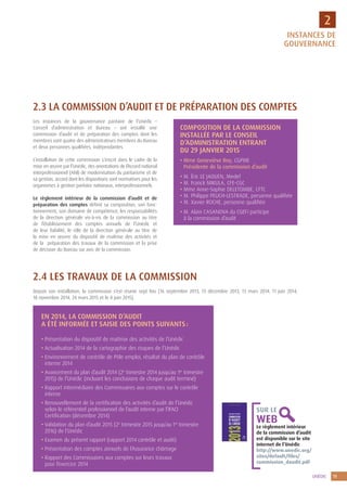UNÉDIC 11
2
2.3 LA COMMISSION D’AUDIT ET DE PRÉPARATION DES COMPTES
Les instances de la gouvernance paritaire de l’Unédic –
Conseil d’administration et Bureau – ont installé une
commission d’audit et de préparation des comptes dont les
membres sont quatre des administrateurs membres du Bureau
et deux personnes qualifiées, indépendantes.
L’installation de cette commission s’inscrit dans le cadre de la
mise en œuvre par l’Unédic, des orientations de l’Accord national
interprofessionnel (ANI) de modernisation du paritarisme et de
sa gestion, accord dont les dispositions sont normatives pour les
organismes à gestion paritaire nationaux, interprofessionnels.
Le règlement intérieur de la commission d’audit et de
préparation des comptes définit sa composition, son fonc-
tionnement, son domaine de compétence, les responsabilités
de la direction générale vis-à-vis de la commission au titre
de l’établissement des comptes annuels de l’Unédic et
de leur fiabilité, le rôle de la direction générale au titre de
la mise en œuvre du dispositif de maîtrise des activités et
de la préparation des travaux de la commission et la prise
de décision du Bureau sur avis de la commission.
COMPOSITION DE LA COMMISSION
INSTALLÉE PAR LE CONSEIL
D’ADMINISTRATION ENTRANT
DU 29 JANVIER 2015
• Mme Geneviève Roy, CGPME
Présidente de la commission d’audit
• M. Éric LE JAOUEN, Medef
• M. Franck MIKULA, CFE-CGC
• Mme Anne-Sophie DELETOMBE, CFTC
• M. Philippe PEUCH-LESTRADE, personne qualifiée
• M. Xavier ROCHE, personne qualifiée
• M. Alain CASANOVA du CGEFi participe
à la commission d’audit
INSTANCES DE
GOUVERNANCE
2.4 LES TRAVAUX DE LA COMMISSION
Depuis son installation, la commission s’est réunie sept fois (16 septembre 2013, 13 décembre 2013, 13 mars 2014, 11 juin 2014,
18 novembre 2014, 24 mars 2015 et le 8 juin 2015).
Le règlement intérieur
de la commission d’audit
est disponible sur le site
internet de l’Unédic
http://www.unedic.org/
sites/default/files/
commission_daudit.pdf
SUR LE
WEB
EN 2014, LA COMMISSION D’AUDIT
A ÉTÉ INFORMÉE ET SAISIE DES POINTS SUIVANTS :
• Présentation du dispositif de maîtrise des activités de l’Unédic
• Actualisation 2014 de la cartographie des risques de l’Unédic
• Environnement de contrôle de Pôle emploi, résultat du plan de contrôle
interne 2014
• Avancement du plan d’audit 2014 (2e
trimestre 2014 jusqu’au 1er
trimestre
2015) de l’Unédic (incluant les conclusions de chaque audit terminé)
• Rapport intermédiaire des Commissaires aux comptes sur le contrôle
interne
• Renouvellement de la certification des activités d’audit de l’Unédic
selon le référentiel professionnel de l’audit interne par l’IFACI
Certification (décembre 2014)
• Validation du plan d’audit 2015 (2e
trimestre 2015 jusqu’au 1er
trimestre
2016) de l’Unédic
• Examen du présent rapport (rapport 2014 contrôle et audit)
• Présentation des comptes annuels de l’Assurance chômage
• Rapport des Commissaires aux comptes sur leurs travaux
pour l’exercice 2014
 