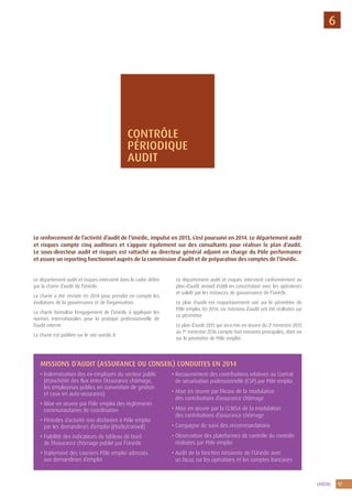 UNÉDIC 17
6
Le département audit et risques intervient dans le cadre défini
par la charte d’audit de l’Unédic.
La charte a été révisée en 2014 pour prendre en compte les
évolutions de la gouvernance et de l’organisation.
La charte formalise l’engagement de l’Unédic à appliquer les
normes internationales pour la pratique professionnelle de
l’audit interne.
La charte est publiée sur le site unedic.fr
Le département audit et risques intervient conformément au
plan d’audit annuel établi en concertation avec les opérateurs
et validé par les instances de gouvernance de l’Unédic.
Le plan d’audit est majoritairement axé sur le périmètre de
Pôle emploi. En 2014, six missions d’audit ont été réalisées sur
ce périmètre.
Le plan d’audit 2015 qui sera mis en œuvre du 2e
trimestre 2015
au 1er
trimestre 2016 compte huit missions principales, dont six
sur le périmètre de Pôle emploi.
Le renforcement de l’activité d’audit de l’Unédic, impulsé en 2013, s’est poursuivi en 2014. Le département audit
et risques compte cinq auditeurs et s’appuie également sur des consultants pour réaliser le plan d’audit.
Le sous-directeur audit et risques est rattaché au directeur général adjoint en charge du Pôle performance
et assure un reporting fonctionnel auprès de la commission d’audit et de préparation des comptes de l’Unédic.
MISSIONS D’AUDIT (ASSURANCE OU CONSEIL) CONDUITES EN 2014
• Indemnisation des ex-employés du secteur public
(étanchéité des flux entre l’Assurance chômage,
les employeurs publics en convention de gestion
et ceux en auto-assurance)
• Mise en œuvre par Pôle emploi des règlements
communautaires de coordination
• Périodes d’activité non déclarées à Pôle emploi
par les demandeurs d’emploi (étude/conseil)
• Fiabilité des indicateurs du tableau de bord
de l’Assurance chômage publié par l’Unédic
• Traitement des courriers Pôle emploi adressés
aux demandeurs d’emploi
• Recouvrement des contributions relatives au Contrat
de sécurisation professionnelle (CSP) par Pôle emploi
• Mise en œuvre par l’Acoss de la modulation
des contributions d’assurance chômage
• Mise en œuvre par la CCMSA de la modulation
des contributions d’assurance chômage
• Campagne de suivi des recommandations
• Observation des plateformes de contrôle du contrôle
réalisées par Pôle emploi
• Audit de la fonction trésorerie de l’Unédic avec
un focus sur les opérations et les comptes bancaires
CONTRÔLE
PÉRIODIQUE
AUDIT
 