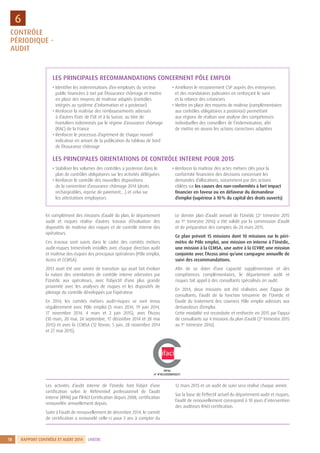 RAPPORT CONTRÔLE ET AUDIT 2014 UNÉDIC18
6
En complément des missions d’audit du plan, le département
audit et risques réalise d’autres travaux d’évaluation des
dispositifs de maîtrise des risques et de contrôle interne des
opérateurs.
Ces travaux sont suivis dans le cadre des comités métiers
audit-risques trimestriels installés avec chaque direction audit
et maîtrise des risques des principaux opérateurs (Pôle emploi,
Acoss et CCMSA).
2013 avait été une année de transition qui avait fait évoluer
la nature des orientations de contrôle interne adressées par
l’Unédic aux opérateurs, avec l’objectif d’une plus grande
proximité avec les analyses de risques et les dispositifs de
pilotage du contrôle développés par l’opérateur.
En 2014, les comités métiers audit-risques se sont tenus
régulièrement avec Pôle emploi (5 mars 2014, 19 juin 2014,
17  novembre 2014, 4 mars et 2 juin 2015), avec l’Acoss
(10 mars, 20 mai, 24 septembre, 17 décembre 2014 et 28 mai
2015) et avec la CCMSA (12 février, 5 juin, 28 novembre 2014
et 27 mai 2015).
Le dernier plan d’audit annuel de l’Unédic (2e
trimestre 2015
au 1er
trimestre 2016) a été validé par la commission d’audit
et de préparation des comptes du 24 mars 2015.
Ce plan prévoit 15 missions dont 10 missions sur le péri-
mètre de Pôle emploi, une mission en interne à l’Unédic,
une mission à la CCMSA, une autre à la CCVRP, une mission
conjointe avec l’Acoss ainsi qu’une campagne annuelle de
suivi des recommandations.
Afin de se doter d’une capacité supplémentaire et des
compétences complémentaires, le département audit et
risques fait appel à des consultants spécialisés en audit.
En 2014, deux missions ont été réalisées avec l’appui de
consultants, l’audit de la fonction trésorerie de l’Unédic et
l’audit du traitement des courriers Pôle emploi adressés aux
demandeurs d’emploi.
Cette modalité est reconduite et renforcée en 2015 par l’appui
de consultants sur 4 missions du plan d’audit (2e
trimestre 2015
au 1er
trimestre 2016).
Les activités d’audit interne de l’Unédic font l’objet d’une
certification selon le Référentiel professionnel de l’audit
interne (RPAI) par l’IFACI Certification depuis 2008, certification
renouvelée annuellement depuis.
Suite à l’audit de renouvellement de décembre 2014, le comité
de certification a renouvelé celle-ci pour 3 ans à compter du
12 mars 2015 et un audit de suivi sera réalisé chaque année.
Sur la base de l’effectif actuel du département audit et risques,
l’audit de renouvellement correspond à 10 jours d’intervention
des auditeurs IFACI certification.
CONTRÔLE
PÉRIODIQUE -
AUDIT
LES PRINCIPALES RECOMMANDATIONS CONCERNENT PÔLE EMPLOI
• Identifier les indemnisations d’ex-employés du secteur
public financées à tort par l’Assurance chômage et mettre
en place des moyens de maîtrise adaptés (contrôles
intégrés au système d’information et a posteriori)
• Renforcer la maîtrise des remboursements adressés
à d’autres États de l’UE et à la Suisse, au titre de
frontaliers indemnisés par le régime d’assurance chômage
(RAC) de la France
• Renforcer le processus d’agrément de chaque nouvel
indicateur en amont de la publication du tableau de bord
de l’Assurance chômage
• Améliorer le recouvrement CSP auprès des entreprises
et des mandataires judiciaires en renforçant le suivi
et la relance des créanciers
• Mettre en place des moyens de maîtrise (complémentaires
aux contrôles obligatoires a posteriori) permettant
aux régions de réaliser une analyse des compétences
individuelles des conseillers de l’indemnisation, afin
de mettre en œuvre les actions correctives adaptées
LES PRINCIPALES ORIENTATIONS DE CONTRÔLE INTERNE POUR 2015
• Stabiliser les volumes des contrôles a posteriori dans le
plan de contrôles obligatoires sur les activités déléguées
• Renforcer le contrôle des nouvelles dispositions
de la convention d’assurance chômage 2014 (droits
rechargeables, reprise de paiement,…) et celui sur
les attestations employeurs
• Renforcer la maîtrise des actes métiers clés pour la
conformité financière des décisions concernant les
demandes d’allocations, notamment par des actions
ciblées sur les causes des non-conformités à fort impact
financier en faveur ou en défaveur du demandeur
d’emploi (supérieur à 10 % du capital des droits ouverts)
 