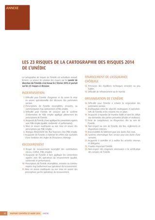 RAPPORT CONTRÔLE ET AUDIT 2014 UNÉDIC
1
22
LES 23 RISQUES DE LA CARTOGRAPHIE DES RISQUES 2014
DE L’UNÉDIC
La cartographie de risques de l’Unédic est actualisée annuel-
lement. La séance de cotation des risques par le comité de
direction de l’Unédic s’est tenue le 2 février 2015 et portait
sur les 23 risques ci-dessous.
INDEMNISATION
01. Difficulté pour l’Unédic d’organiser et de suivre la mise
en œuvre opérationnelle des décisions des partenaires
sociaux.
02. Prescriptions de l’Unédic incomplètes, erronées, ou
communiquées trop tardivement à Pôle emploi.
03. Difficulté pour l’Unédic de s’assurer que le système
d’information de Pôle emploi applique pleinement les
prescriptions de l’Unédic.
04. Incapacitédel’Unédicàfaireappliquerlesconventionssignées
avec Pôle emploi (qualité, conformité et performance).
05. Mise en œuvre inadéquate ou non mise en œuvre des
prescriptions par Pôle emploi.
06. Manque d’étanchéité des flux financiers chez Pôle emploi.
07. Incapacité de l’Unédic à maîtriser les effets non souhaités
d’une évolution des règles de l’Assurance chômage.
RECOUVREMENT
08. Risque de recouvrement incomplet des contributions
(Acoss, CCMSA, Pôle emploi).
09. Incapacité de l’Unédic à faire appliquer les conventions
signées avec les opérateurs du recouvrement (qualité,
conformité et performance).
10. Prescriptions de l’Unédic incomplètes, erronées ou commu-
niquées trop tardivement aux opérateurs du recouvrement.
11. Mise en œuvre inadéquate ou non mise en œuvre des
prescriptions par les opérateurs du recouvrement.
FINANCEMENT DE L’ASSURANCE
CHÔMAGE
12. Prévisions des équilibres techniques erronées ou peu
fiables.
13. Difficulté de refinancement sur le marché.
ORGANISATION DE L’UNÉDIC
14. Difficulté pour l’Unédic à éclairer la négociation des
partenaires sociaux.
15. Inadéquation entre les objectifs stratégiques et opération-
nels de l’Unédic et les moyens mis en place.
16. Incapacité à répondre de manière fiable et dans les délais
aux demandes des parties prenantes (études et analyses).
17. Perte de compétences ou d’expertises clés au sein de
l’Unédic.
18. Non-respect au sein de l’Unédic des lois, règlements et
dispositions internes.
19. Inaccessibilité du bâtiment pour une durée d’un mois.
20. Système informatique hors service pour une durée d’une
semaine.
21. Incapacité à contrôler et à auditer les activités internes
et déléguées.
22. Fraudes impactant l’Unédic.
23. Non-respect des exigences nécessaires à la certification
des comptes de l’Unédic.
ANNEXE
 