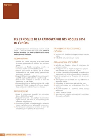 RAPPORT CONTRÔLE ET AUDIT 2014 UNÉDIC
1
22
LES 23 RISQUES DE LA CARTOGRAPHIE DES RISQUES 2014
DE L’UNÉDIC
La cartographie ...