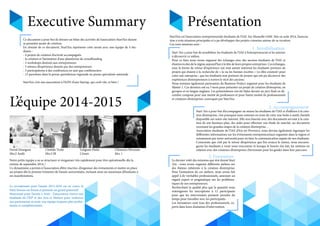 Executive Summary Présentation
Ce document a pour but de dresser un bilan des activités de l’association Start’Aix durant
sa première année de création.
En résumé de ce document, Start’Aix représente cette année avec une équipe de 4 étu-
diants :
- 4 projets de création d’activité accompagnés
- la création et l’animation d’une plateforme de crowdfunding
- 3 workshops destinés aux entrepreneurs
- 3 retours d’expérience donnés par des entrepreneurs
- 3 participations à des conférences en tant que conférenciers
- 13 parutions dans la presse quotidienne régionale ou presse spécialisée nationale
Start’Aix c’est une association à l’ADN d’une Startup, qui croît vite, et bien !
L’équipe 2014-2015
Start’Aix est l’association entrepreneuriale étudiante de l’IAE Aix Marseille GSM. Née en août 2014, l’associa-
tion a trois missions principales et a pu développer des projets connexes autour de sa vocation.
Ces trois missions sont :
Start ‘Aix a pour but de sensibiliser les étudiants de l’IAE à l’entrepreneuriat et les amener
à découvrir ce milieu.
Pour ce faire nous avons organisé des échanges avec des anciens étudiants de l’IAE et
d’autres écoles de la région aujourd’hui à la tête de leurs propres entreprises. Ces échanges,
sous la forme de retour d’expérience ont tout autant intéressé les étudiants porteurs de
projets qui étaient à la recherche de « la ou les bonnes recettes » (si elles existent) pour
créer son entreprise ; que les étudiants non porteurs de projets qui ont pu découvrir des
expériences d’entrepreneurs à travers le récit des anciens.
Nous sommes également partenaires du Business Project organisé pour les étudiants de
Master 1. Ces derniers ont eu 3 mois pour présenter un projet de création d’entreprise, en
groupes et en langue anglaise. Les présentations ont été faites devant un jury final en dé-
cembre composé pour une moitié de professeurs et pour l’autre moitié de professionnels
et créateurs d’entreprises convoqués par Start’Aix.
1. Sensibilisation
Start ‘Aix a pour but d’accompagner au mieux les étudiants de l’IAE et d’ailleurs à la créa-
tion d’entreprise, c’est pourquoi nous sommes en train de créer une boîte à outils, bientôt
disponible sur notre site internet. Elle sera fournie avec des documents servant à la créa-
tion de son business plan, des aides pour effectuer son étude de marché, un document
recensant les grandes étapes de la création d’entreprise…
Association étudiante de l’IAE d’Aix-en-Provence, nous devons également regrouper les
différentes informations sur les évènements entrepreneuriaux organisés dans la région et
notamment par notre université pour en faire la communication auprès de nos étudiants.
Conscients que c’est par le retour d’expérience que l’on avance le mieux, nous encoura-
geons les étudiants à venir nous rencontrer et lorsque le besoin s’en fait, les mettons en
relation avec des créateurs d’entreprises chevronnés pour les guider dans leur parcours.
2. Accompagnement
Le dernier volet des missions que s’est donné Start
’Aix : nous avons organisé différents ateliers sur
des thèmes inhérents à la création d’entreprise.
Pour l’animation de ces ateliers, nous avons fait
appel à de véritables professionnels, amenant un
regard expert et pragmatique sur les probléma-
tiques de nos entrepreneurs.
Recherchant la qualité plus que la quantité nous
restreignons les inscriptions à 12 participants
pour que les intervenants puissent prendre du
temps pour travailler avec les participants.
Les formateurs sont tous des professionnels, ex-
perts dans leurs domaines d’intervention.
3. Formation
David Dourguin
Msc2 Audit
Clotilde Tiché
Msc2 IB
Grégoire Piette
Césure
Clémence Péronnet
Msc 1
Notre petite équipe a su se structurer et s’organiser très rapidement pour être opérationelle dès la
rentrée de septembre 2014, !
Ce dynamisme a permis à l’association d’être réactive, d’organiser des évènements et mettre en place
ses projets dès le premier trimestre de l’année universitaire, incluant ainsi un maximum d’étudiants à
ses manifestations.
Le recrutement pour l’année 2015-2016 est en cours, le
futur bureau est formé et présente un grand potentiel!
Nouveauté pour l’année à venir : l’association s’ouvre aux
étudiants de l’IEP et des Arts et Métiers pour renforcer
nos partenariats et avoir une équipe toujours plus perfor-
mante et complémentaire.
 