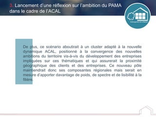 De plus, ce scénario aboutirait à un cluster adapté à la nouvelle
dynamique ACAL, positionné à la convergence des nouvelles
ambitions du territoire vis-à-vis du développement des entreprises
impliquées sur ces thématiques et qui assurerait la proximité
géographique des clients et des entreprises. Ce nouveau pôle
maintiendrait donc ses composantes régionales mais serait en
mesure d’apporter davantage de poids, de spectre et de lisibilité à la
filière.
3. Lancement d’une réflexion sur l’ambition du PAMA
dans le cadre de l’ACAL
 