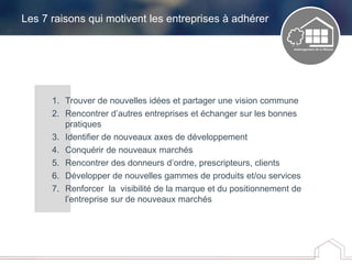 Les 7 raisons qui motivent les entreprises à adhérer
1. Trouver de nouvelles idées et partager une vision commune
2. Rencontrer d’autres entreprises et échanger sur les bonnes
pratiques
3. Identifier de nouveaux axes de développement
4. Conquérir de nouveaux marchés
5. Rencontrer des donneurs d’ordre, prescripteurs, clients
6. Développer de nouvelles gammes de produits et/ou services
7. Renforcer la visibilité de la marque et du positionnement de
l’entreprise sur de nouveaux marchés
 