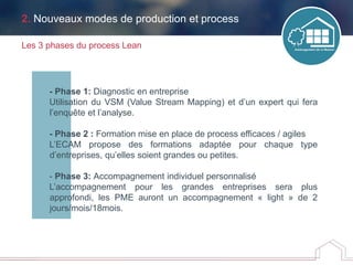 - Phase 1: Diagnostic en entreprise
Utilisation du VSM (Value Stream Mapping) et d’un expert qui fera
l’enquête et l’analyse.
- Phase 2 : Formation mise en place de process efficaces / agiles
L’ECAM propose des formations adaptée pour chaque type
d’entreprises, qu’elles soient grandes ou petites.
- Phase 3: Accompagnement individuel personnalisé
L’accompagnement pour les grandes entreprises sera plus
approfondi, les PME auront un accompagnement « light » de 2
jours/mois/18mois.
2. Nouveaux modes de production et process
Les 3 phases du process Lean
 