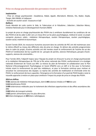 17
Prise en charge psychosociale des personnes vivant avec le VIH
Implantation
- Prise en charge psychosociale : Casablanca, Rabat, Agadir, Marrakech, Meknès, Fès, Nador, Oujda,
Tanger, Béni Mellal, et Laâyoune
- Activités de soutien social : Essaouira et Safi
Bailleurs
Fonds Mondial de Lutte contre le Sida, la Tuberculose et le Paludisme ; Sidaction ; Sidaction Maroc,
Initiative Nationale pour le Développement Humain (INDH)
Le projet de prise en charge psychosociale des PVVIH vise à améliorer durablement les conditions de vie
des PVVIH et de les aider à aller vers un mieux être sur les plans psychologique, médical et social. Le projet
comporte plusieurs volets : médiation thérapeutique, soutien thérapeutique, soutien psychologique,
soutien social, matériel et économique.
Durant l’année 2014, les ressources humaines œuvrant dans les activités de PEC ont été maintenues avec
le même effectif au niveau des différents sites de prise en charge. En dehors des activités programmées
dans le cadre du projet, d’autres activités ont été menées visant le renforcement de l’estime de soi des
PVVIH et l’amélioration de leur qualité de vie : groupes de paroles, séances thématiques, groupes d’auto-
supports, séances de convivialités…
Pour l’année 2015, l’objectif majeur pour l’équipe du projet est d’assurer la prise en charge psychosociale
et la médiation thérapeutique de 75% de la file active nationale des PVVIH, conformément à la stratégie
nationale d’extension de l’accès aux ARV. La relance du plan de formation en collaboration avec le Plan
National d’Accompagnement Psychologique et Social (PNAPS) sera un défi à la fois pour la formation
initiale visant le renforcement du pool des médiateurs, et pour la formation continue pour motiver et
actualiser les connaissances des équipes. La reprise des activités de mobilisation et d’entraide entre les
PVVIH, le renforcement de leurs capacités, l’émergence et la formation d’un pool de PVVIH leaders reste la
nouvelle approche à mettre en place pour améliorer l’impact du projet de prise en charge des PVVIH.
2014 en chiffres
9 301 séances de médiation thérapeutiques, dont 1 841 séances initiales et 7 460 de suivi
5 415 bénéficiaires PVVIH
3 999 ordonnances médicales pour le traitement des infections opportunistes et des effets secondaires des
ARV
2 442 billets de transport achetés
1 022 paniers alimentaires pour les plus démunies
665 bilans biologiques et 204 bilans radiologiques
 