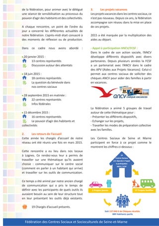 Fédération des Centres Sociaux et Socioculturels de Seine-et-Marne
de la fédération, pour animer avec le délégué
une séance de sensibilisation au processus du
pouvoir d’agir des habitants et des collectivités.
A chaque rencontre, un point de l’ordre du
jour a concerné les différentes actualités de
notre fédération. L’après-midi était consacré à
des moments de réflexion ou de production.
Dans ce cadre nous avons abordé :
20 janvier 2015 :
13 centres représentés
Discussion autour des attentats
18 juin 2015 :
18 centres représentés
La question du bénévole dans
nos centres sociaux
28 septembre 2015 en matinée :
22 centres représentés
Infos fédérales
15 décembre 2015 :
16 centres représentés
Le pouvoir d’agir des habitants et
collectivités
2. Les retours de l’accueil
Cette année les chargés d’accueil de notre
réseau ont été réunis une fois en mars 2015.
Cette rencontre a eu lieu dans nos locaux
à Lognes. Ce rendez-vous leur a permis de
travailler sur une thématique qu’ils avaient
choisie : communiquer sur le centre social
(comment en parler à un habitant qui arrive)
et travailler sur les outils de communication.
Ce temps a été animé par notre ancien chargé
de communication qui a pris le temps de
définir avec les participants de quels outils ils
auraient besoin au sein de leur structure tout
en leur présentant les outils déjà existants.
19 Chargés d’accueil présents.
3. Les projets vacances
Lesprojetsvacancesdanslescentressociaux,ce
n’est pas nouveau. Depuis six ans, la fédération
accompagne son réseau dans la mise en place
de ces projets.
2015 a été marquée par la multiplication des
aides au départ.
- Appel à participation ANCV/FCSF :
Dans le cadre de son action sociale, l’ANCV
développe différents dispositifs avec divers
partenaires. Depuis plusieurs années la FCSF
a un partenariat avec l’ANCV dans le cadre
des APV (Aides aux Projets Vacances). Celui-ci
permet aux centres sociaux de solliciter des
chèques ANCV pour aider des familles à partir
en vacances.
La fédération a animé 5 groupes de travail
autour de cette thématique pour :
- Présenter les différents dispositifs,
- Echanger sur les projets,
- Travailler les modes de préparation collective
avec les familles.
Les Centres Sociaux de Seine et Marne
participent en force à ce projet comme le
montrent les chiffres ci-dessous :
 