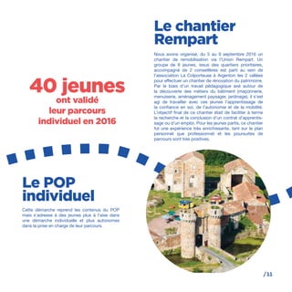 /11
Nous avons organisé, du 5 au 9 septembre 2016 un
chantier de remobilisation via l’Union Rempart. Un
groupe de 6 jeunes, issus des quartiers prioritaires,
accompagné de 2 conseillères est parti au sein de
l’association La Colporteuse à Argenton les 2 vallées
pour effectuer un chantier de rénovation du patrimoine.
Par le biais d’un travail pédagogique axé autour de
la découverte des métiers du bâtiment (maçonnerie,
menuiserie, aménagement paysager, jardinage), il s’est
agi de travailler avec ces jeunes l’apprentissage de
la confiance en soi, de l’autonomie et de la mobilité.
L’objectif final de ce chantier était de faciliter à terme
la recherche et la conclusion d’un contrat d’apprentis-
sage ou d’un emploi. Pour les jeunes partis, ce chantier
fut une expérience très enrichissante, tant sur le plan
personnel que professionnel et les poursuites de
parcours sont très positives.
Cette démarche reprend les contenus du POP
mais s’adresse à des jeunes plus à l’aise dans
une démarche individuelle et plus autonomes
dans la prise en charge de leur parcours.
40 jeunes
ont validé
leur parcours
individuel en 2016
Le POP
individuel
Le chantier
Rempart
 