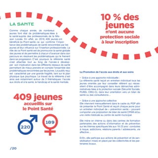 /20
Comme chaque année, de nombreux
jeunes font état de problématiques liées à
la santé auprès des professionnels de la Mis-
sion Locale. En effet, en 2016, 409 jeunes ont
bénéficié du Point santé, ce qui confirme l’impor-
tance des problématiques de santé rencontrées par les
jeunes et leur influence sur l’insertion professionnelle. Le
rôle de ce Point santé est de promouvoir la santé globale
des jeunes et de permettre à chacun d’avancer dans son
parcours en résolvant les problématiques qui le freinent
dans sa progression. C’est pourquoi la référente santé
s’est attachée tout au long de l’année à dévelop-
per son implication dans les différents réseaux de santé
permettant de mieux prendre en compte l’ensemble des
problématiques rencontrées par les jeunes. Le public reçu
est caractérisé par une grande fragilité, tant sur le plan
physique que psychique. Le travail de la référente s’est
ainsi axé notamment autour de 3 thématiques: l’accès
aux droits et à la santé, le handicap et la santé mentale.
LA SANTE
La Promotion de l’accès aux droits et aux soins
•	 Grâce à une approche individuelle :
La référente santé reçoit en entretien individuel tous les
jeunes orientés par leur conseiller référent qui néces-
sitent d’être accompagné dans leurs démarches admi-
nistratives liées à la protection sociale (Sécurité Sociale,
PUMA, CMU-C), dans leur orientation vers un bilan de
santé ou des consultations…
•	 Grâce à une approche collective
Elle intervient mensuellement dans le cadre du POP afin
de présenter le Point Santé et reçoit chaque jeune pour
un entretien individuel de « prévention santé » pouvant
comporter une proposition de bilan de santé CPAM et/ou
une visite médicale au centre de santé municipal.
Elle mène en interne ou dans des centres de formation
partenaires des actions d’information et de prévention
sur les thèmes spécifiques liés aux 16-25 ans : conduites
à risque, addictions, relations parents / adolescents, vie
affective…
Enfin, elle participe aux actions de prévention et de sen-
sibilisation mises en place par les collectivités et les par-
tenaires locaux.
409 jeunes
accueillis sur
le Point Santé
10 % des
jeunes
n’ont aucune
protection sociale
à leur inscription
189
220
 
