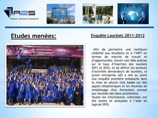 Enquête Lauréats 2011-2012
Afin de permettre une meilleure
visibilité aux étudiants et à l’INPT en
termes de marché de travail et
d’opportunités, d'avoir une idée précise
sur le taux d’insertion des lauréats
2011 et 2012, et de définir les secteurs
d’activités demandeurs de lauréats, la
junior entreprise A2S a mis au point
une enquête première embauche dont
la mise en œuvre s'est basée sur des
appels téléphoniques et les résultats de
remplissage d'un formulaire envoyé
aux lauréats des deux promotions.
Toutes les informations collectées ont
été saisies et analysées à l’aide du
logiciel SPSS.
Etudes menées:
 