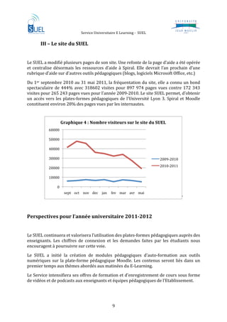                        Service Universitaire E Learning ‐  SUEL                           
 
       III – Le site du SUEL  
        
Le SUEL a modifié plusieurs pages de son site. Une refonte de la page d’aide a été opérée 
et  centralise  désormais  les  ressources  d’aide  à  Spiral.  Elle  devrait  l’an  prochain  d’une 
rubrique d’aide sur d’autres outils pédagogiques (blogs, logiciels Microsoft Office, etc.) 

Du 1er septembre 2010 au 31 mai 2011, la fréquentation du site, elle a connu un bond 
spectaculaire  de  444%  avec  318602  visites  pour  897  974  pages  vues  contre  172  343 
visites pour 265 243 pages vues pour l’année 2009‐2010. Le site SUEL permet, d’obtenir 
un  accès  vers  les  plates‐formes  pédagogiques  de  l’Université  Lyon  3.  Spiral  et  Moodle 
constituent environ 28% des pages vues par les internautes.  
         

                        Graphique 4 : Nombre visiteurs sur le site du SUEL 
               60000 

               50000 

               40000 

               30000                                                           2009‐2010 
                                                                               2010‐2011 
               20000 

               10000 

                   0 
                         sept  oct  nov  dec  jan  fev  mar  avr  mai 
                                                                                            ` 
 

Perspectives pour l’année universitaire 2011­2012 
 
Le SUEL continuera et valorisera l’utilisation des plates‐formes pédagogiques auprès des 
enseignants.  Les  chiffres  de  connexion  et  les  demandes  faites  par  les  étudiants  nous 
encouragent à poursuivre sur cette voie.  
Le  SUEL  a  initié  la  création  de  modules  pédagogiques  d’auto‐formation  aux  outils 
numériques  sur  la  plate‐forme  pédagogique  Moodle.  Les  contenus  seront  liés  dans  un 
premier temps aux thèmes abordés aux matinées du E‐Learning. 
Le Service intensifiera ses offres de formation et d’enregistrement de cours sous forme 
de vidéos et de podcasts aux enseignants et équipes pédagogiques de l’Etablissement.  




                                                     9 
 