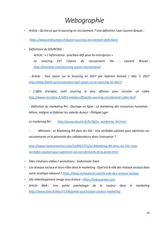 14
Webographie
- Article : Qu’est-ce que le sourcing en recrutement ? Une définition ! par Laurent Brouat :
https://www.linkhumans.fr/quest-sourcing-recrutement-definition/
- Définitions du SOURCING :
Article : « L'information : prochain défi pour les entreprises »
Le sourcing EST l’avenir du recrutement Par : Laurent Brouat :
http://rmsnews.com/sourcing-avenir-recrutement/
- Article : Tout savoir sur le Sourcing en 2017 par Valentin Konrad | Mar 7, 2017
http://blog.flatchr.io/recrutement-tout-savoir-sur-le-sourcing-en-2017/
- L’offre d’emploi, outil sourcing le plus efficace pour recruter un cadre
http://www.recrutons.fr/offre-emploi-efficacite-sourcing-recrutement-cadre.html
- Définition du marketing RH : Ouvrage en ligne : Le marketing des ressources humaines :
Attirer, intégrer et fidéliser les salariés Auteur : Philippe Liger
Le marketing RH : http://www.atoutrh.fr/fr/38/Le_marketing_RH.html
- Mémoire : Le Marketing RH dans les SSII - Une véritable solution pour optimiser ses
recrutements et la pérennité des collaborateurs dans l'entreprise ?
http://www.memoireonline.com/10/09/2751/Le-Marketing-RH-dans-les-SSII--Une-
veritable-solution-pour-optimiser-ses-recrutements-et-la-peren.html
- Sites créations vidéos / animations : GoAnimate Team
- Les réseaux sociaux et leurs rôles dans le marketing : Quel est le rôle des réseaux sociaux dans
votre stratégie inbound ? https://blog.comexplorer.com/le-role-des-reseaux-sociaux
- Site téléchargement image sous licence : https://www.pexels.com
- Article Web : Une petite psychologie de la couleur dans le marketing
http://www.slate.fr/lien/71709/petite-psychologie-couleur-marketing
 