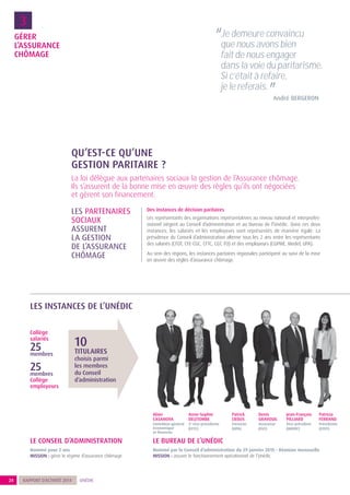 LE BUREAU DE L’UNÉDICLE CONSEIL D’ADMINISTRATION
LES INSTANCES DE L’UNÉDIC
GÉRER
L’ASSURANCE
CHÔMAGE
3
Collège
salariés
25membres
25membres
Collège
employeurs
10
TITULAIRES
choisis parmi
les membres
du Conseil
d’administration
“Je demeure convaincu
que nous avons bien
fait de nous engager
dans la voie du paritarisme.
Si c’était à refaire,
je le referais.
”André BERGERON
Nommé pour 2 ans
MISSION : gérer le régime d’assurance chômage
Nommé par le Conseil d’administration du 29 janvier 2015 - Réunion mensuelle
MISSION : assurer le fonctionnement opérationnel de l’Unédic.
24 UNÉDICRAPPORT D’ACTIVITÉ 2014
La loi délègue aux partenaires sociaux la gestion de l’Assurance chômage.
Ils s’assurent de la bonne mise en œuvre des règles qu’ils ont négociées
et gèrent son financement.
LES PARTENAIRES
SOCIAUX
ASSURENT
LA GESTION
DE L’ASSURANCE
CHÔMAGE
Des instances de décision paritaires
Les représentants des organisations représentatives au niveau national et interprofes-
sionnel siègent au Conseil d’administration et au Bureau de l’Unédic. Dans ces deux
instances, les salariés et les employeurs sont représentés de manière égale. La
présidence du Conseil d’administration alterne tous les 2 ans entre les représentants
des salariés (CFDT, CFE-CGC, CFTC, CGT, FO) et des employeurs (CGPME, Medef, UPA).
Au sein des régions, les instances paritaires régionales participent au suivi de la mise
en œuvre des règles d’assurance chômage.
QU’EST-CE QU’UNE
GESTION PARITAIRE ?
Alain
CASANOVA
Contrôleur général
économique
et financier
Denis
GRAVOUIL
Assesseur
(CGT)
Patrick
LIEBUS
Trésorier
(UPA)
Jean-François
PILLIARD
Vice-président
(MEDEF)
Patricia
FERRAND
Présidente
(CFDT)
Anne-Sophie
DELETOMBE
2e
vice-présidente
(CFTC)
 