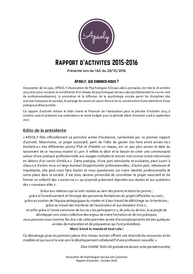 Apsoly Assemblé Générale 2 Rapport Dactivité 2015 2016