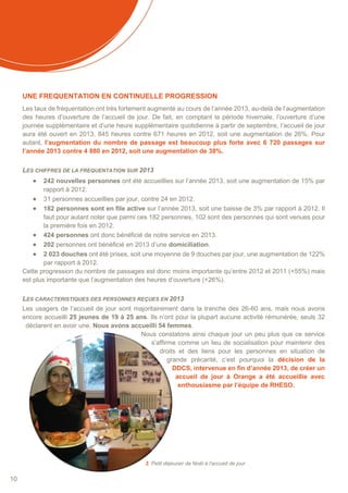 10
UNE FREQUENTATION EN CONTINUELLE PROGRESSION
Les taux de fréquentation ont très fortement augmenté au cours de l’année 2013, au-delà de l’augmentation
des heures d’ouverture de l’accueil de jour. De fait, en comptant la période hivernale, l’ouverture d’une
journée supplémentaire et d’une heure supplémentaire quotidienne à partir de septembre, l’accueil de jour
aura été ouvert en 2013, 845 heures contre 671 heures en 2012, soit une augmentation de 26%. Pour
autant, l’augmentation du nombre de passage est beaucoup plus forte avec 6 720 passages sur
l’année 2013 contre 4 880 en 2012, soit une augmentation de 38%.
LES CHIFFRES DE LA FREQUENTATION SUR 2013
 242 nouvelles personnes ont été accueillies sur l’année 2013, soit une augmentation de 15% par
rapport à 2012.
 31 personnes accueillies par jour, contre 24 en 2012.
 182 personnes sont en file active sur l’année 2013, soit une baisse de 3% par rapport à 2012. Il
faut pour autant noter que parmi ces 182 personnes, 102 sont des personnes qui sont venues pour
la première fois en 2012.
 424 personnes ont donc bénéficié de notre service en 2013.
 202 personnes ont bénéficié en 2013 d’une domiciliation.
 2 023 douches ont été prises, soit une moyenne de 9 douches par jour, une augmentation de 122%
par rapport à 2012.
Cette progression du nombre de passages est donc moins importante qu’entre 2012 et 2011 (+55%) mais
est plus importante que l’augmentation des heures d’ouverture (+26%).
LES CARACTERISTIQUES DES PERSONNES REÇUES EN 2013
Les usagers de l’accueil de jour sont majoritairement dans la tranche des 26-60 ans, mais nous avons
encore accueilli 25 jeunes de 19 à 25 ans. Ils n’ont pour la plupart aucune activité rémunérée, seuls 32
déclarent en avoir une. Nous avons accueilli 54 femmes.
Nous constatons ainsi chaque jour un peu plus que ce service
s’affirme comme un lieu de socialisation pour maintenir des
droits et des liens pour les personnes en situation de
grande précarité, c’est pourquoi la décision de la
DDCS, intervenue en fin d’année 2013, de créer un
accueil de jour à Orange a été accueillie avec
enthousiasme par l’équipe de RHESO.
3. Petit déjeuner de Noël à l'accueil de jour
 