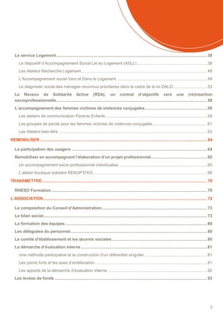 SOMMAIRE
3
Le service Logement................................................................................................................................. 38
Le dispositif d’Accompagnement Social Lié au Logement (ASLL)............................................................ 38
Les Ateliers Recherche Logement ........................................................................................................... 48
L’Accompagnement social Vers et Dans le Logement ............................................................................. 49
Le diagnostic social des ménages reconnus prioritaires dans le cadre de la loi DALO............................. 53
Le Revenu de Solidarité Active (RSA), un contrat d’objectifs vers une (ré)insertion
socioprofessionnelle................................................................................................................................. 58
L’accompagnement des femmes victimes de violences conjugales..................................................... 59
Les ateliers de communication Parents Enfants....................................................................................... 59
Les groupes de parole pour les femmes victimes de violences conjugales .............................................. 61
Les Ateliers bien-être ............................................................................................................................... 63
REMOBILISER............................................................................................................................................... 64
La participation des usagers .................................................................................................................... 64
Remobiliser en accompagnant l’élaboration d’un projet professionnel................................................ 65
Un accompagnement socio-professionnel individualise ........................................................................... 65
L’atelier boutique solidaire REKUP’D’KO ................................................................................................. 68
TRANSMETTRE............................................................................................................................................. 70
RHESO Formation ..................................................................................................................................... 70
L’ASSOCIATION............................................................................................................................................ 72
La composition du Conseil d’Administration.......................................................................................... 73
Le bilan social............................................................................................................................................ 73
La formation des équipes ......................................................................................................................... 80
Les déléguées du personnel..................................................................................................................... 80
Le comité d’établissement et les œuvres sociales ................................................................................. 80
La démarche d’évaluation interne............................................................................................................ 81
Une méthode participative et la construction d’un référentiel singulier ..................................................... 81
Les points forts et les axes d’amélioration................................................................................................ 81
Les apports de la démarche d’évaluation interne ..................................................................................... 82
Les levées de fonds .................................................................................................................................. 83
 