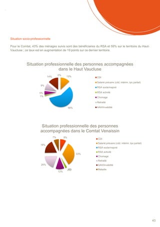 SOMMAIRE
43
Situation socio-professionnelle
Pour le Comtat, 43% des ménages suivis sont des bénéficiaires du RSA et 59% sur le territoire du Haut-
Vaucluse ; ce taux est en augmentation de 19 points sur ce dernier territoire.
0%
13%
58%
1%
5%
9%
14%
Situation professionnelle des personnes accompagnées
dans le Haut Vaucluse
CDI
Salarié précaire (cdd, intérim, tps partiel)
RSA socle/majoré
RSA activité
Chomage
Retraité
AAH/Invalidité
8%
33%
0%2%
12%
20%
18%
7%
Situation professionnelle des personnes
accompagnées dans le Comtat Venaissin
CDI
Salarié précaire (cdd, intérim, tps partiel)
RSA socle/majoré
RSA activité
Chomage
Retraité
AAH/Invalidité
Maladie
 