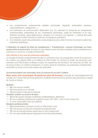 66
 Les comportements professionnels adaptés (ponctualité, régularité, présentation physique,
responsabilisation, engagement…).
 Les techniques de communication (élaboration d’un CV valorisant et recherche de compétences
professionnelles, présentation de soi, candidatures spontanées, usage de l’ordinateur et du mail,
rédaction de lettres, appel téléphonique, utilisation d’un annuaire, d’un agenda…), maitrise des outils
de prospection (offres d’emploi et recherche d’employeurs potentiels).
 Une médiation auprès des partenaires ou des employeurs pour aider à la prise de contact ou gérer des
problèmes spécifiques.
L’utilisation du logiciel de bilan de compétences « Transférences » permet d’échanger sur leurs
savoirs faire et savoirs être, de découvrir des métiers et des formations adaptés à leurs compétences et
d’amorcer un travail sur un projet professionnel.
Une méthode en lien avec les partenaires spécialisés
La chargée d’insertion professionnelle travaille en cohérence avec l’accompagnateur social de la personne
et si besoin son référent RSA ou le référent du Pôle Emploi. En fonction du projet, les personnes sont
orientées vers Pôle Emploi, la Mission Locale, les organismes de formations, les structures de l’IAE, les
structures d’aide à la création d’entreprise, le centre social de Carpentras, les partenaires institutionnels,
associatifs ou privés comme des réseaux de particuliers.
UN RAPPROCHEMENT DES PERSONNES VERS LES DISPOSITIFS DE DROIT COMMUN
Nous avons ainsi accompagné 59 personnes (dont 20 femmes).L’intensité de l’accompagnement est
variable, de 1 heure à 92 heures par personne, et dépend notamment de la situation des personnes au regard
de l’accès à l’emploi :
Mobilité :
 29 n’ont aucune mobilité
 18 ont le permis et un véhicule
 12 ont le permis mais pas de véhicule
Situation scolaire ou savoirs de base :
 35 ont des savoirs de base insuffisants (analphabétisme, illettrisme)
 21 ont un diplôme professionnel qualifiant niveau CAP, BEP…dont 3 ont le niveau bac
 3 ont le niveau BAC mais sans diplôme
Situation professionnelle :
 55 sont demandeurs d’emploi inscrits au Pôle Emploi, dont :
 13 n’ont aucune ou très peu d’expérience professionnelle
 15 n’ont eu que des travaux saisonniers ou très occasionnels
 31 n’ont pas travaillé depuis longtemps et sont très désocialisées
 
