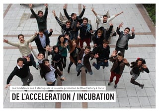 Les fondateurs des 9 startups de la nouvelle promotion de Blue Factory à Paris 
DE L’ACCELERATION / INCUBATION 
 