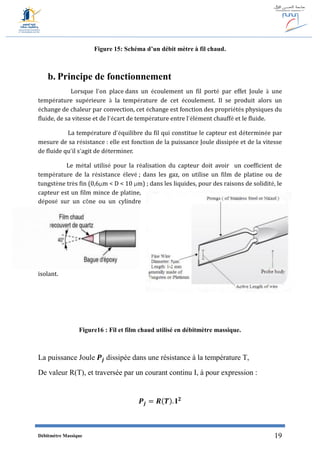 Débitmètre Massique 19
Figure 15: Schéma d’un débit mètre à fil chaud.
b. Principe de fonctionnement
Lorsque l’on place dans un écoulement un fil porté par effet Joule à une
température supérieure à la température de cet écoulement. Il se produit alors un
échange de chaleur par convection, cet échange est fonction des propriétés physiques du
fluide, de sa vitesse et de l’écart de température entre l’élément chauffé et le fluide.
La température d’équilibre du fil qui constitue le capteur est déterminée par
mesure de sa résistance : elle est fonction de la puissance Joule dissipée et de la vitesse
de fluide qu’il s’agit de déterminer.
Le métal utilisé pour la réalisation du capteur doit avoir un coefficient de
température de la résistance élevé ; dans les gaz, on utilise un film de platine ou de
tungstène très fin (0,6µm < D < 10 µm) ; dans les liquides, pour des raisons de solidité, le
capteur est un film mince de platine,
déposé sur un cône ou un cylindre
isolant.
Figure16 : Fil et film chaud utilisé en débitmètre massique.
La puissance Joule 𝑷𝒋 dissipée dans une résistance à la température T,
De valeur R(T), et traversée par un courant continu I, à pour expression :
𝑷𝒋 = 𝑹(𝑻). 𝐈 𝟐
 