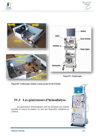 Débitmètre Massique 25
Figure19 : Endoscopie.
Figure20 : Endoscopie réalisée comme projet de fin d’étude.
IV.3 Les générateurs d’hémodialyse.
Les générateurs d'hémodialyse sont les machines qui rendent
possible la séance de dialyse. Ce sont des dispositifs complexes et
couteux.
 