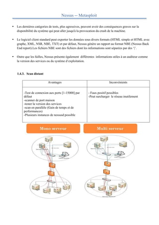 Nessus -- Metasploit

•   Les dernières catégories de tests, plus agressives, peuvent avoir des conséquences graves sur la
    disponibilité du système qui peut aller jusqu'à la provocation du crash de la machine.

•   Le logiciel client standard peut exporter les données sous divers formats (HTML simple et HTML avec
    graphe, XML, NSR, NBE, TXT) et par défaut, Nessus génère un rapport au format NBE (Nessus Back
    End report).Les fichiers NBE sont des fichiers dont les informations sont séparées par des ‘|’.

•   Outre que les failles, Nessus présente également différentes informations utiles à un auditeur comme
    la version des services ou du système d’exploitation.


    1.4.3. Scan distant

                            Avantages                                       Inconvénients


         -Test de connexion aux ports [1-15000] par         - Faux positif possibles
         défaut                                             -Peut surcharger le réseau inutilement
         -scanner de port maison
         -tester la version des services
         -scan en parallèle (Gain de temps et de
         performances)
         -Plusieurs instances de nessusd possible
 
