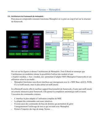 Nessus -- Metasploit
                                               	
  
2.3. Architecture	
  du	
  Framework	
  de	
  metasploit	
  :	
  
      Pour pouvoir comprendre comment fonctionne Metasploit on va jeter un coup d’œil sur la structure
      du framework.




      On voit sur les figures ci-dessus l’architecture de Metasploit .Tout d’abord on remarque que
      l’architecture est modulaire (donne la possibilité d’utiliser des module tel que
      « Exploit »module, « Aux » module, etc) permettant d’adapter MSF (Metasploit Framework) et son
      utilisation selon le cas étudié :
      - Metasploit fonctionne sous divers interfaces qui interagissent avec le « MSF Base »(GUI), WEB,
           CLI et msfConsole, mais le plus utilisé est msfConsole .

      En effentmsfConsole offre le meilleur support/fonctionnalité du framework, d’autre part msfConsole
      est console interactive pour framework. Elle permet la complétion automatique (tab) et meme
      l’execution des commandes externes.

      -    L’interface la plus adaptée à l’utilisation complète de MSF.
      -    La plupart des commandes sont assez intuitives
      -    Il existe aussi des commandes de base de données qui permettent de gérer
           l’enregistrement/l’archivage de tout ce qui est traité avec Metasploit.
      -    Permet d’importer des logs de nmap, Nessus …
 