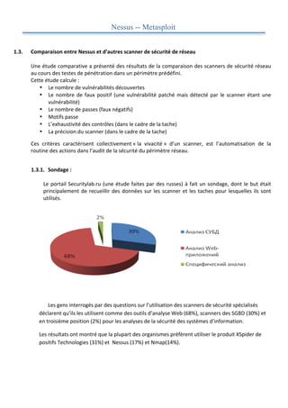  

                                                                   Nessus -- Metasploit
	
  

1.3.       Comparaison	
  entre	
  Nessus	
  et	
  d’autres	
  scanner	
  de	
  sécurité	
  de	
  réseau	
  
    	
  
           Une	
  étude	
  comparative	
  a	
  présenté	
  des	
  résultats	
  de	
  la	
  comparaison	
  des	
  scanners	
  de	
  sécurité	
  réseau	
  
           au	
  cours	
  des	
  testes	
  de	
  pénétration	
  dans	
  un	
  périmètre	
  prédéfini.	
  
           Cette	
  étude	
  calcule	
  :	
  
                  • Le	
  nombre	
  de	
  vulnérabilités	
  découvertes	
  
                  • Le	
   nombre	
   de	
   faux	
   positif	
   (une	
   vulnérabilité	
   patché	
   mais	
   détecté	
   par	
   le	
   scanner	
   étant	
   une	
  
                     vulnérabilité)	
  
                  • Le	
  nombre	
  de	
  passes	
  (faux	
  négatifs)	
  
                  • Motifs	
  passe	
  
                  • L’exhaustivité	
  des	
  contrôles	
  (dans	
  le	
  cadre	
  de	
  la	
  tache)	
  
                  • La	
  précision	
  du	
  scanner	
  (dans	
  le	
  cadre	
  de	
  la	
  tache)	
  

           Ces	
   critères	
   caractérisent	
   collectivement	
  «	
  la	
   vivacité	
  »	
   d’un	
   scanner,	
   est	
   l’automatisation	
   de	
   la	
  
           routine	
  des	
  actions	
  dans	
  l’audit	
  de	
  la	
  sécurité	
  du	
  périmètre	
  réseau.	
  	
  

           	
  
            1.3.1. Sondage	
  :	
  
                 	
  
                 Le	
   portail	
   Securitylab.ru	
   (une	
   étude	
   faites	
   par	
   des	
   russes)	
   à	
   fait	
   un	
   sondage,	
   dont	
   le	
   but	
   était	
  
                 principalement	
   de	
   recueillir	
   des	
   données	
   sur	
   les	
   scanner	
   et	
   les	
   taches	
   pour	
   lesquelles	
   ils	
   sont	
  
                 utilisés.	
  
                 	
  

           	
  

	
  

	
  

	
  

	
  

	
  

	
  

                  	
   Les	
  gens	
  interrogés	
  par	
  des	
  questions	
  sur	
  l’utilisation	
  des	
  scanners	
  de	
  sécurité	
  spécialisés	
  
                  déclarent	
  qu’ils	
  les	
  utilisent	
  comme	
  des	
  outils	
  d’analyse	
  Web	
  (68%),	
  scanners	
  des	
  SGBD	
  (30%)	
  et	
  
                  en	
  troisième	
  position	
  (2%)	
  pour	
  les	
  analyses	
  de	
  la	
  sécurité	
  des	
  systèmes	
  d’information.	
  

                  Les	
  résultats	
  ont	
  montré	
  que	
  la	
  plupart	
  des	
  organismes	
  préfèrent	
  utiliser	
  le	
  produit	
  XSpider	
  de	
  
                  positifs	
  Technologies	
  (31%)	
  et	
  	
  Nessus	
  (17%)	
  et	
  Nmap(14%).	
  

                  	
  

                  	
  
 