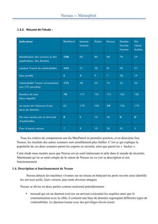  

                                                    Nessus -- Metasploit
	
  

          1.3.2. Résumé	
  de	
  l’étude	
  :	
  
               	
  
               	
  
               	
  

	
  

	
  

	
  

	
  

	
  

	
  

	
  

	
  

	
  

	
  

	
  

	
  

	
  

            Tous les critères de comparaison ont élu MaxPatrol en première position, et en deuxième lieu
          Nessus, les résultats des autres scanners sont sensiblement plus faibles. C’est ce qui explique la
          popularité de ces deux scanners parmi les experts en sécurité, ainsi que parmi les « hacker ».

          Cette étude nous montre aussi que Nessus est un outil intéressant et utile dans le monde de sécurités.
          Maintenant qu’on se rend compte de la valeur de Nessus on va voir sa description et son
          fonctionnement

       1.4. Description et fonctionnement de Nessus

                  Nessus détecte les machines vivantes sur un réseau en balayant les ports ouverts ainsi identifie
             les services actifs, leurs version, puis tente diverses attaques

             Nessus se divise en deux parties comme motionné précédemment :

                   •    nessusd qui est un daemon (service ou serveur) exécutant les requêtes ainsi que la
                        communication avec la cible, il contient une base de données regroupant différents types de
                        vulnérabilités. Le daemon tourne avec des privilèges élevés (root)
 