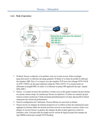 Nessus -- Metasploit

       1.4.2. Mode d’opération :


	
  

	
  

	
  

	
  

	
  

	
  

	
                                                                                           	
  

	
  

	
  

	
  

	
  

	
  

	
  

          •   D’abord, Nessus va détecter si la machine visée est vivante ou non. Grâce au plugin
              ping_host.nasl,il va effectuer des pings graduels. D’abord, il va tenter de joindre la cible par
              des requêtes ARP. Puis, il va essayer avec des requêtes TCP (avec des échange SYNóACK
              ou SYN óRST) sur des ports aléatoires allant de 1024 à 65535. Il va ensuite tenter en
              effectuant un ping(ICMP). Et enfin, il va effectuer un ping UDP applicatif (de type requête
              DNS, RPC)
          •   Nessus va scanner les ports des machines vivantes avec un des quatre scanners de port interne,
              ou externe comme nmap. En sachant que Nessus est optimisé s’il utilise ses scanners de port
              maison (comme montré par l’étude motionné précédemment).il est donc déconseillé d’utiliser
              nmap pour des raisons de performances.
          •   Selon la configuration de l’utilisateur, Nessus effectue un scan local ou distant
          •   Nessus envoie ses attaques de manière progressive.il va utiliser sa base de connaissance pour
              appliquer les bonnes failles de sécurité aux bons services et aux bonnes versions. Grâce a ses
              plugins, le serveur Nessus va générer des attaques de plus en plus agressives contre les
              machines visée. Cela peut aller du simple test de version de logiciel jusqu'à des attaques de
              type DDOS comme par exemple SYN flooding.
 