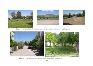 Espace vert aménagé au milieu d'axes routiers loin des habitants absolument pas fréquenté




     Quartiers Tghat : Espaces verts entretenus par les amicales de quartiers
                                                 103
 
