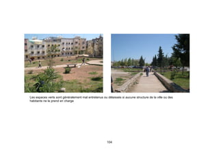 Les espaces verts sont généralement mal entretenus ou délaissés si aucune structure de la ville ou des
habitants ne le prend en charge




                                                      104
 