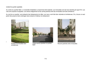 rendent le quartier agréable.

Au centre du quartier Badr, un ensemble d'habitation a récemment été implanté. Les immeubles sont de haut standing de type R+4. Les
rues sont propres et soignées. Les arbres d'alignement et les carrés jardinés entre les immeubles sont bien entretenus.

Au nord de ce quartier, sont présents des lotissements de villas. Les rues y sont très bien arborées et entretenues. On y trouve un seul
jardin très propre et bien aménagé mais enclavé à l’intérieur du lotissement.




*
         Entrées d’immeubles bien            Large avenue plantée du quartier            Recoins jardinés entre immeubles
         entretenues                         Badr




                                                                  113
 