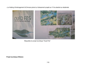 - Le Holding d’Aménagement Al Omrane prévoit un lotissement projeté sur 15 ha destiné au résidentiel.




                             Maquettes du projet touristique "Oued Fès"




Projet touristique Wislane


                                                                 119
 