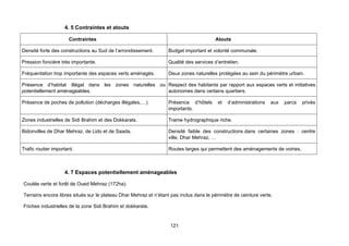 4. 5 Contraintes et atouts

                      Contraintes                                                       Atouts

Densité forte des constructions au Sud de l’arrondissement.       Budget important et volonté communale.

Pression foncière très importante.                                Qualité des services d’entretien.

Fréquentation trop importante des espaces verts aménagés.         Deux zones naturelles protégées au sein du périmètre urbain.

Présence d’habitat illégal dans les zones naturelles ou Respect des habitants par rapport aux espaces verts et initiatives
potentiellement aménageables.                           autonomes dans certains quartiers.

Présence de poches de pollution (décharges illégales,…).          Présence d’hôtels      et   d’administrations   aux   parcs   privés
                                                                  importants.

Zones industrielles de Sidi Brahim et des Dokkarats.              Trame hydrographique riche.

Bidonvilles de Dhar Mehraz, de Lido et de Saada.                  Densité faible des constructions dans certaines zones : centre
                                                                  ville, Dhar Mehraz, …

Trafic routier important.                                         Routes larges qui permettent des aménagements de voiries.



                    4. 7 Espaces potentiellement aménageables

Coulée verte et forêt de Oued Mehraz (172ha).

Terrains encore libres situés sur le plateau Dhar Mehraz et n’étant pas inclus dans le périmètre de ceinture verte.

Friches industrielles de la zone Sidi Brahim et dokkarate.


                                                                   121
 